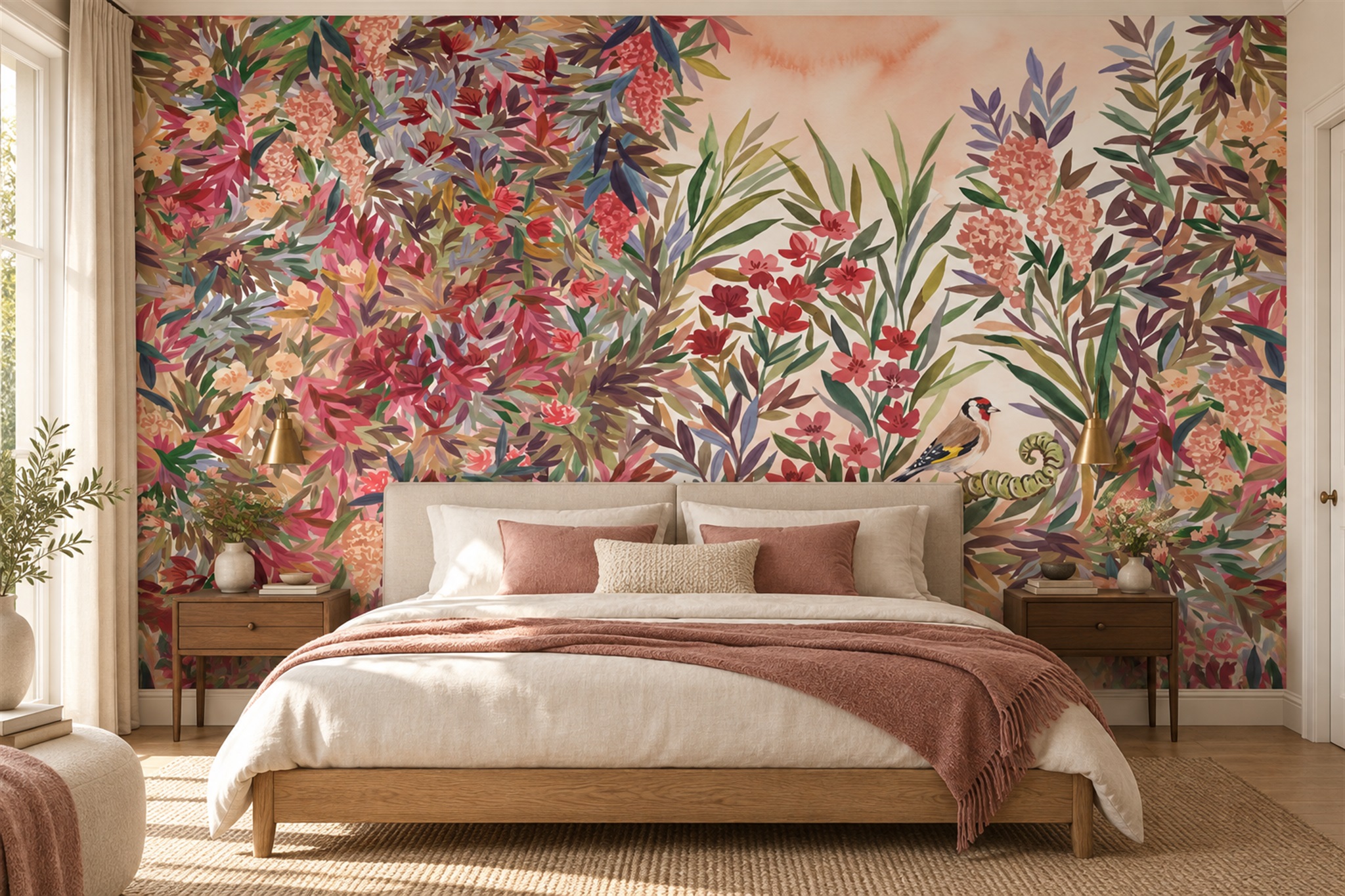 Coral Leaf Botanical Wallpaper Mural Bedroom-wallpaper-murals, Peel-and-stick Finish