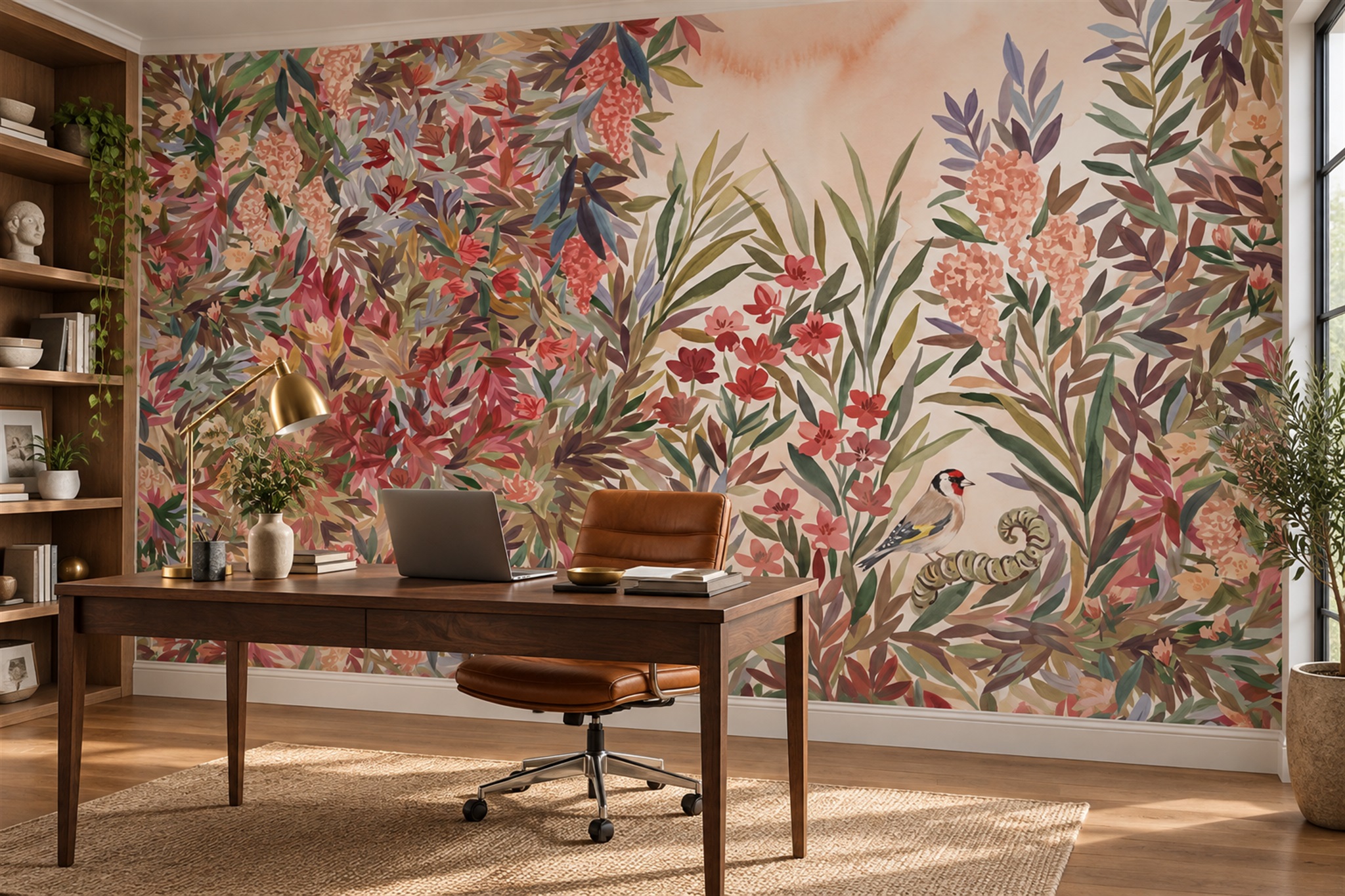 Coral Leaf Botanical Wallpaper Mural Accent-wall-wallpaper-murals, Peel-and-stick Finish