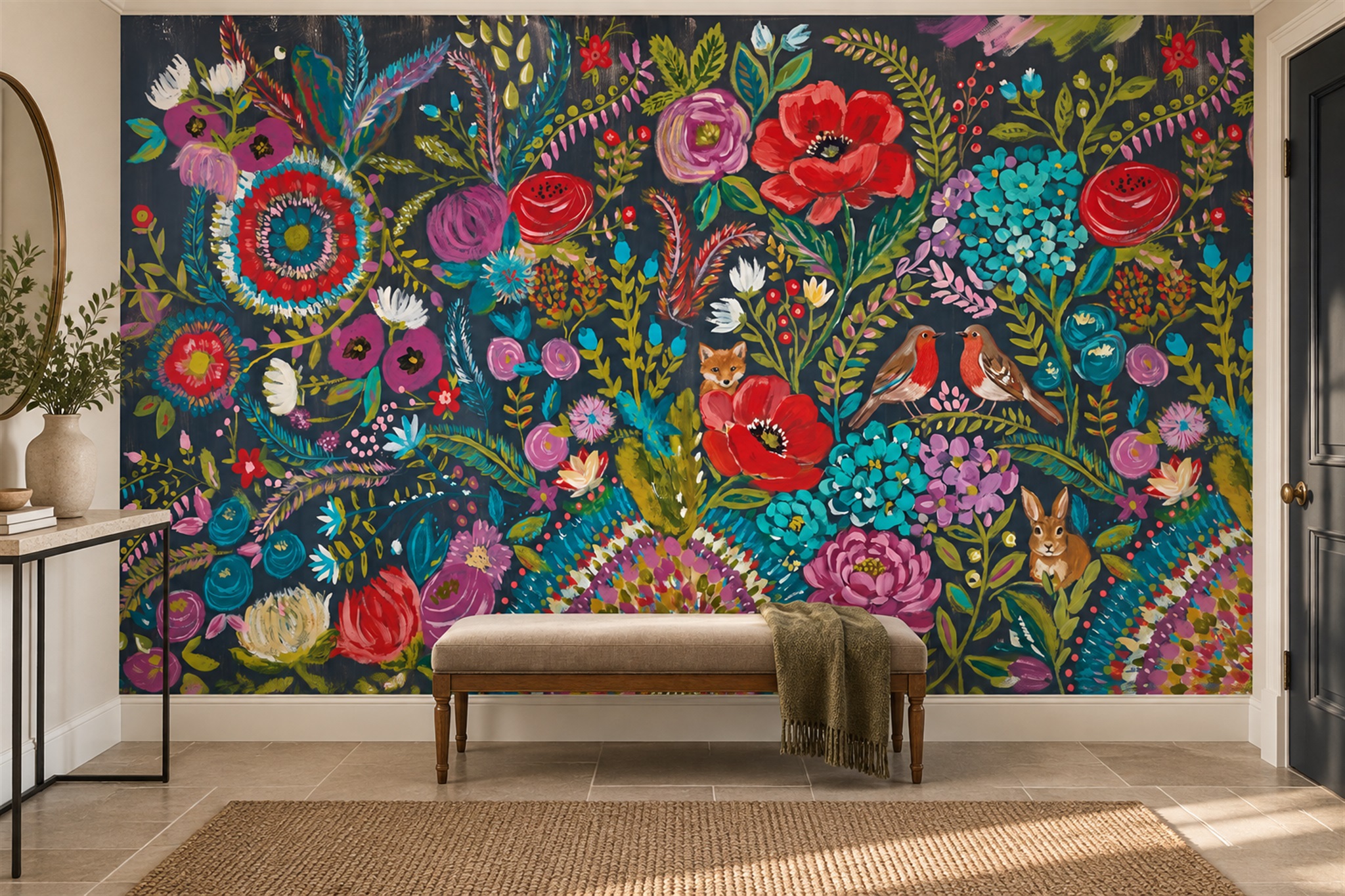 Teal Floral Botanical Organic Wallpaper Mural Bedroom-wallpaper-murals, Peel-and-stick Finish