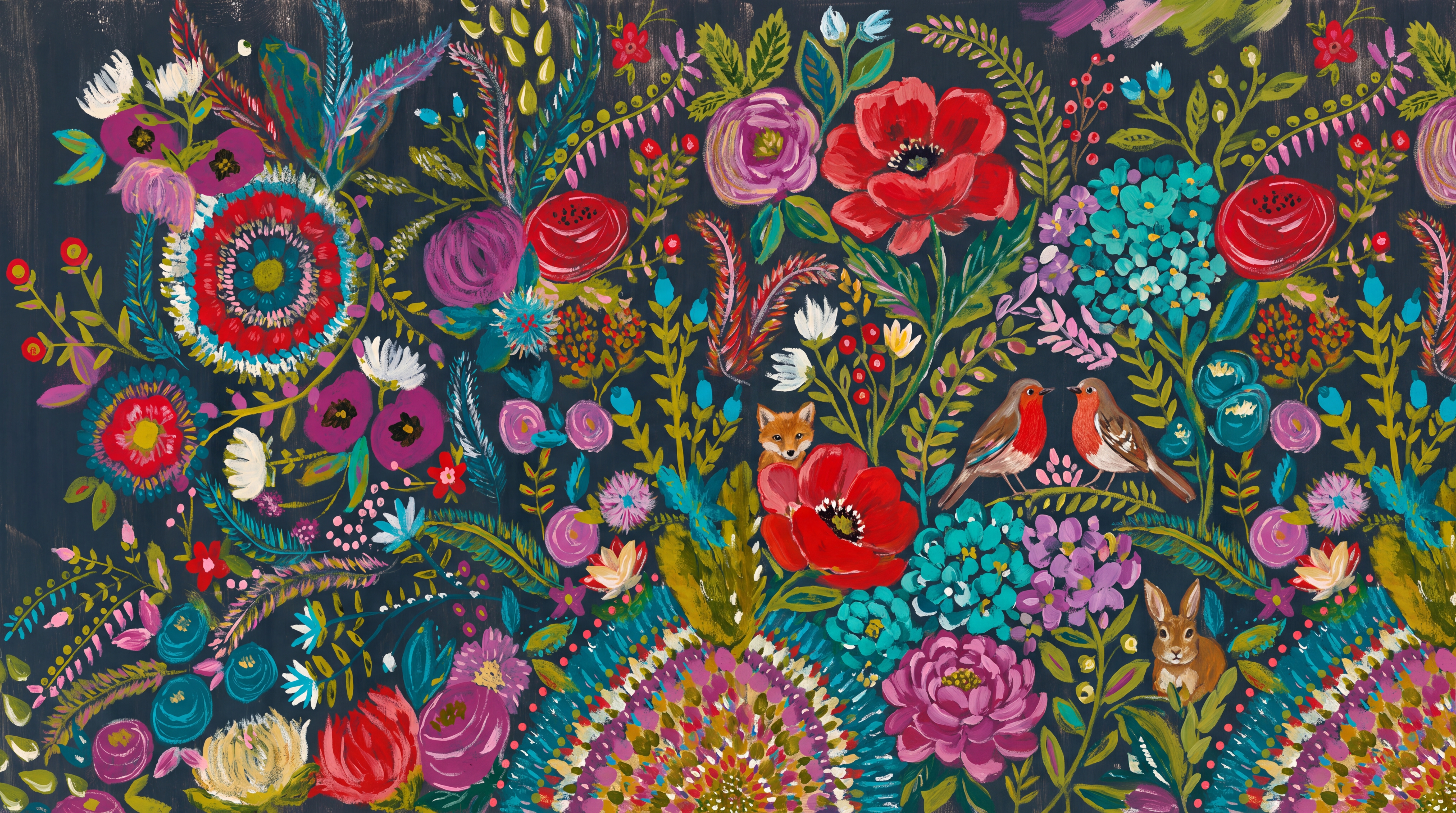 Teal Floral Botanical Organic Wallpaper Mural, Peel-and-stick Finish