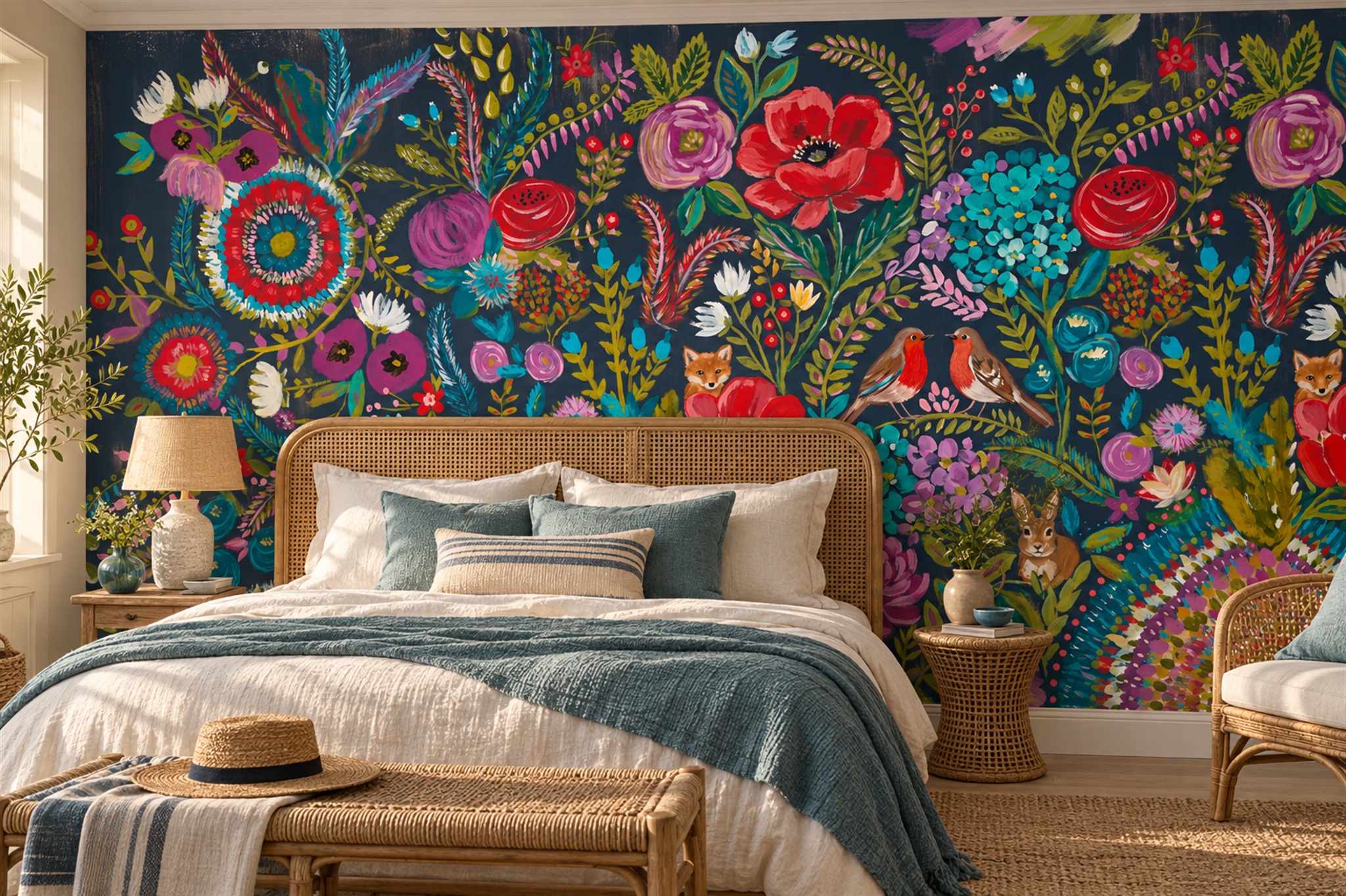 Colourful Folk Art Flowers Birds And Foxes Wallpaper Mural — Wallpaper Mural Design, Peel-and-stick Finish