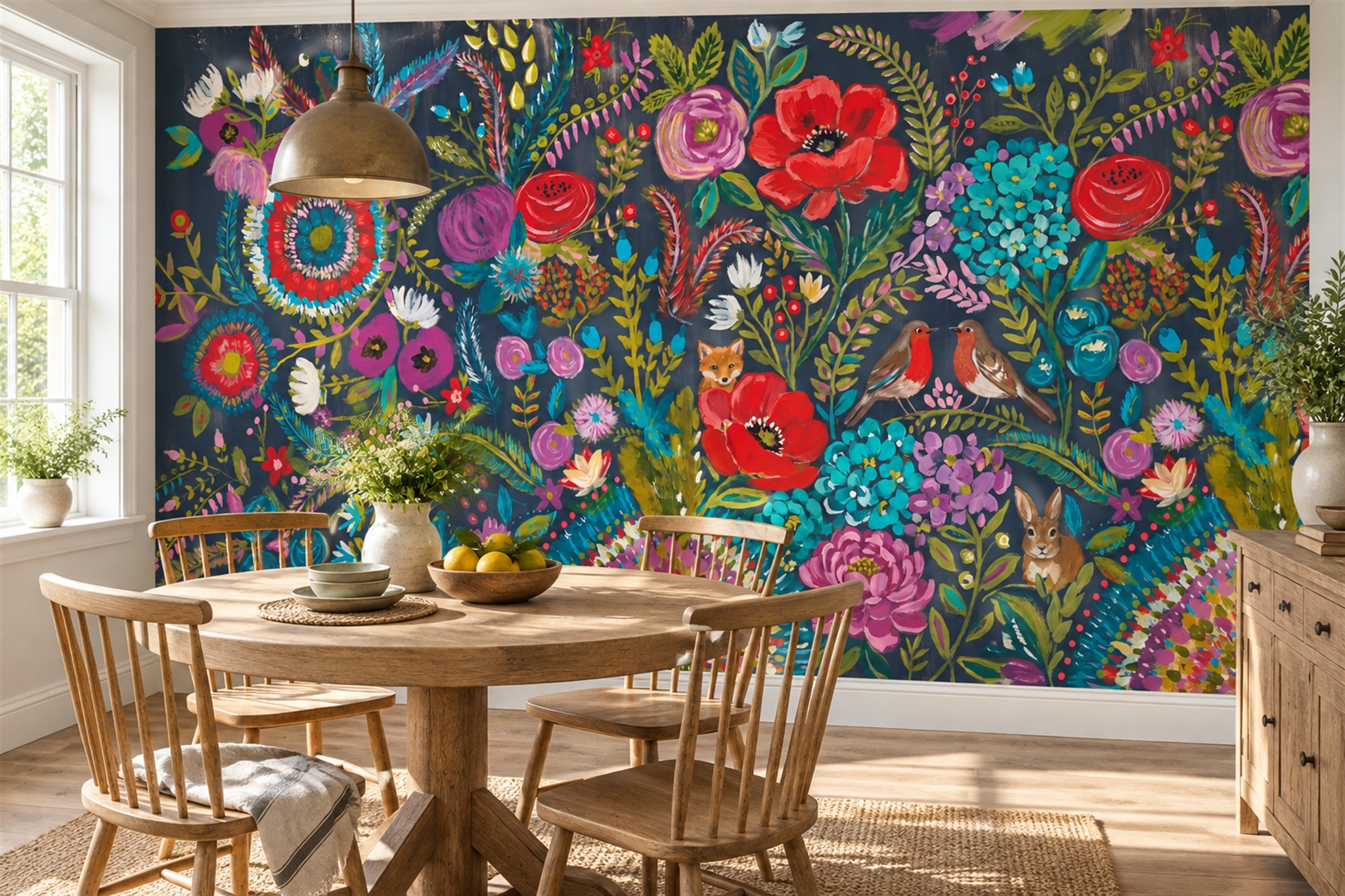 Teal Floral Botanical Organic Wallpaper Mural Dining-room-wallpaper-murals, Shown In A Dining Room, Peel-and-stick Finish