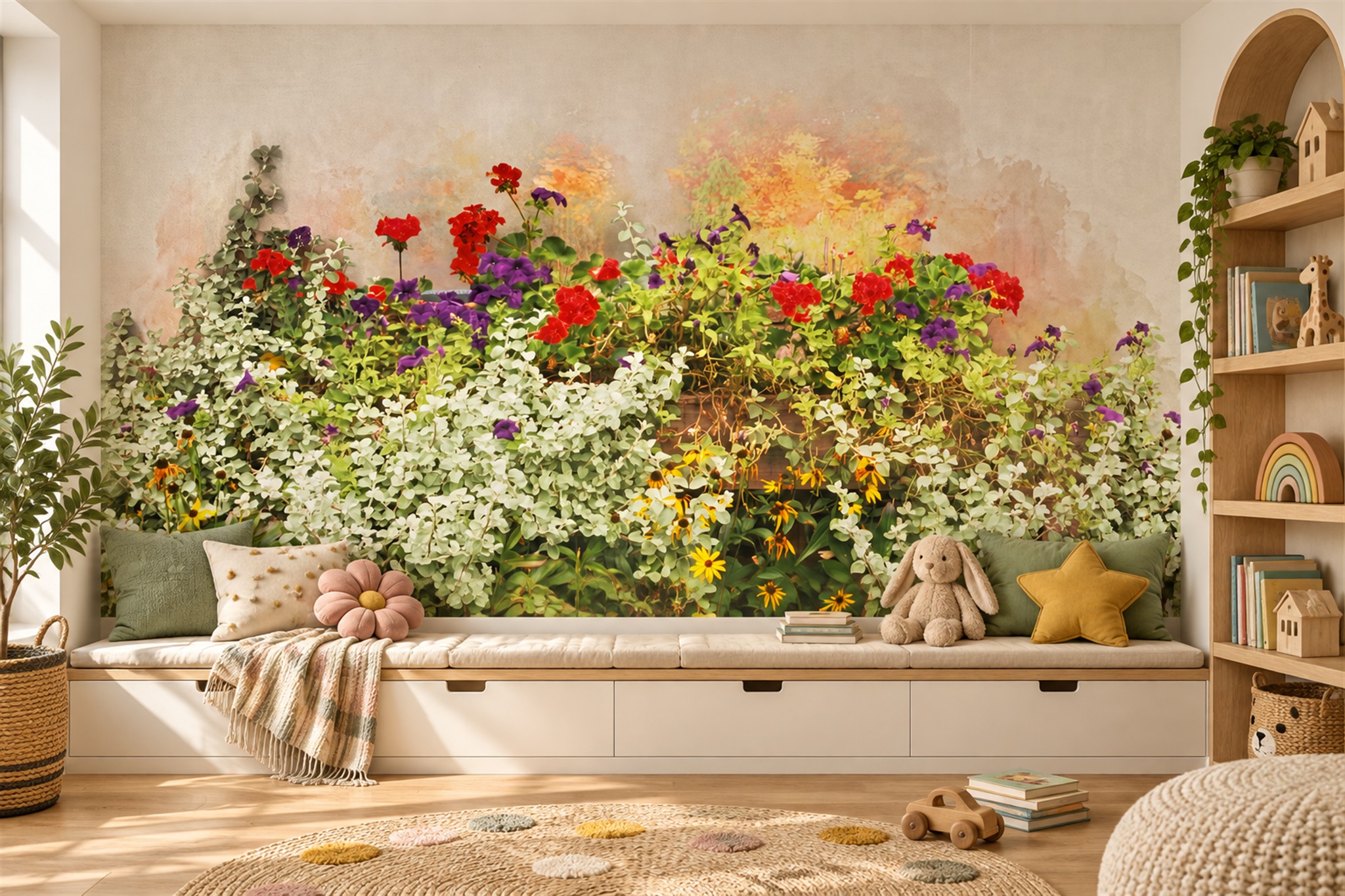 Cream Meadow Scenic Wallpaper Mural Bedroom-wallpaper-murals, Peel-and-stick Finish