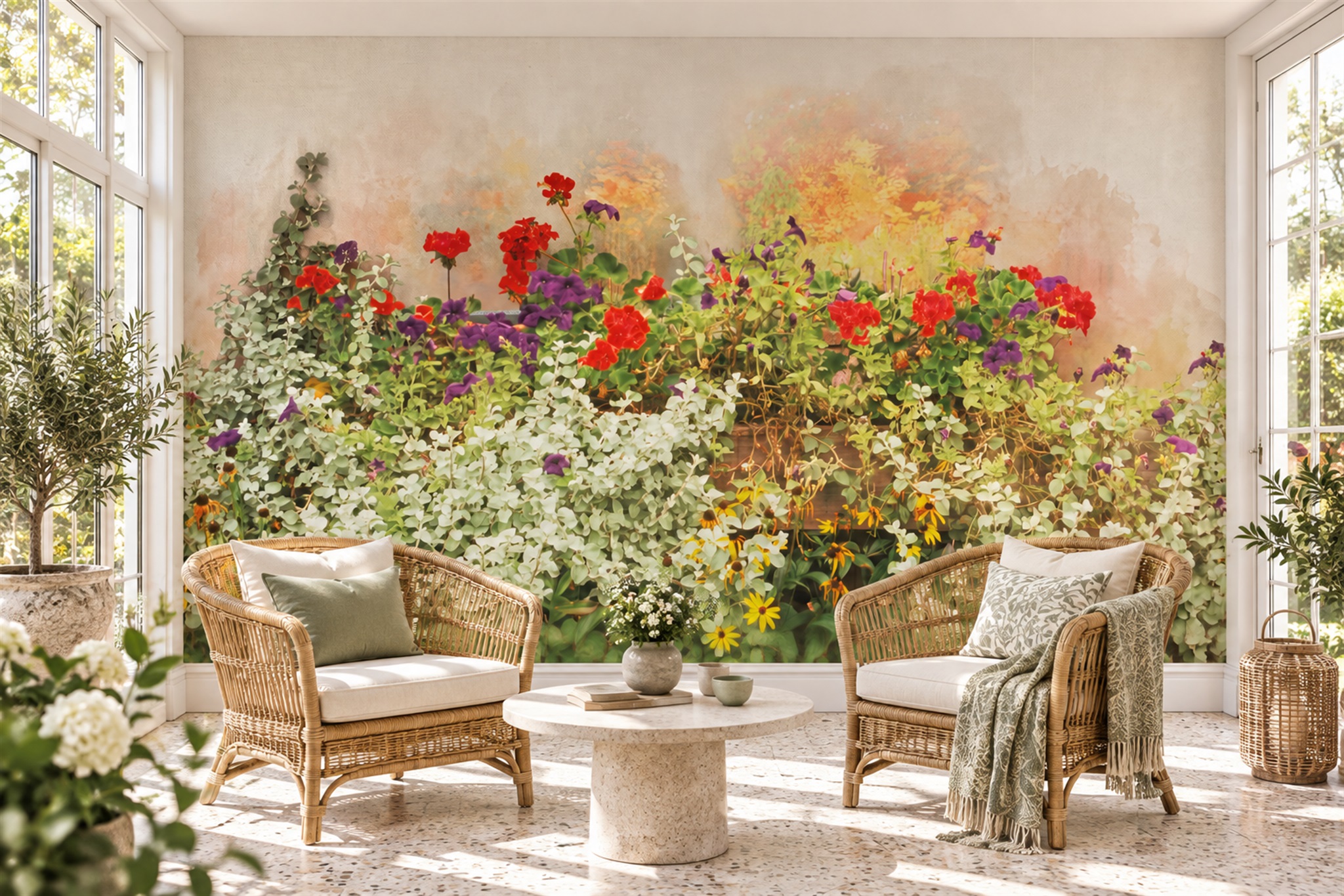 Cream Meadow Of Wildflowers Wallpaper Mural — Wallpaper Mural Design, Peel-and-stick Finish