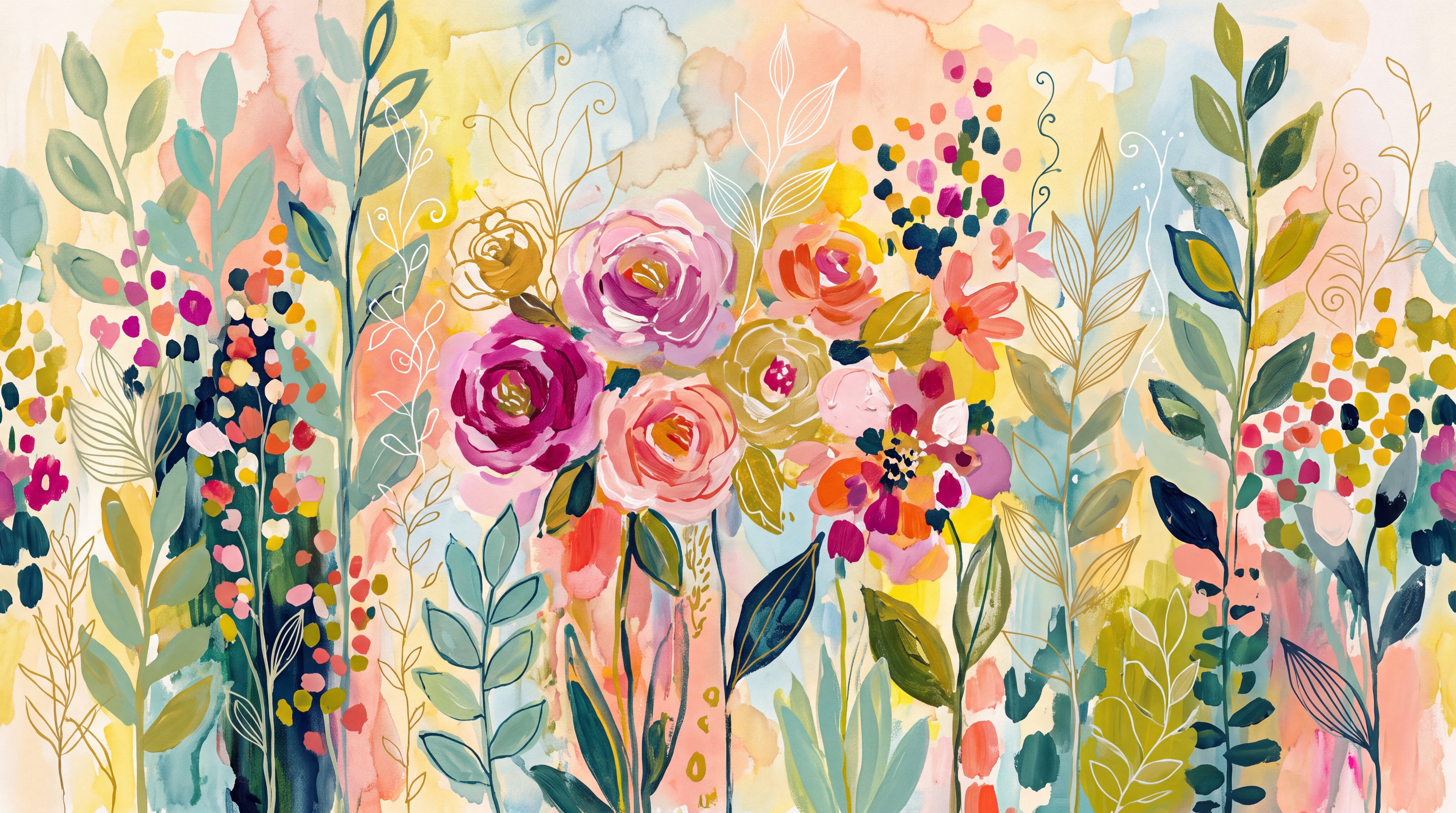 Pink Floral Botanical Illustrated Wallpaper Mural, Peel-and-stick Finish
