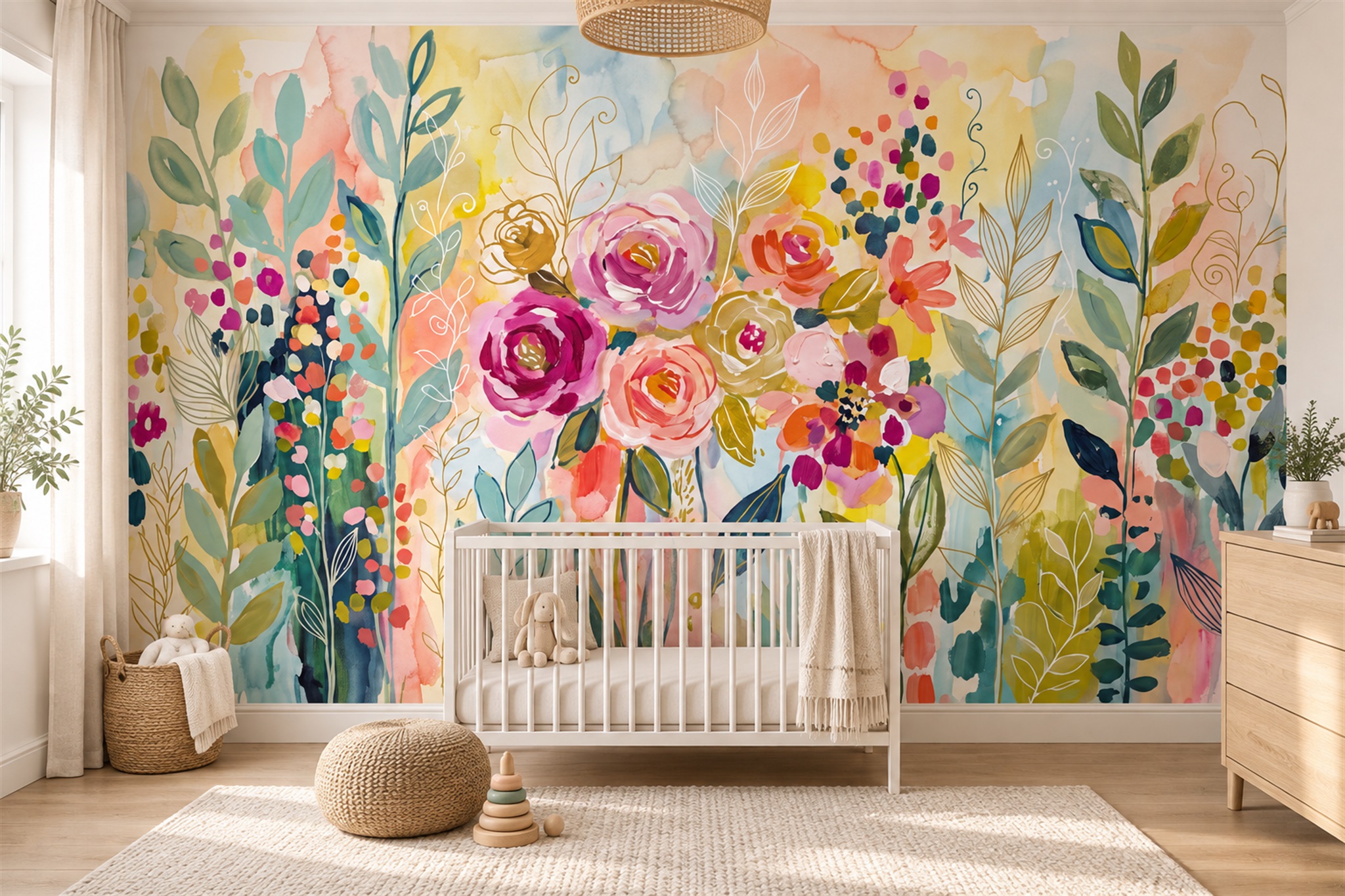 Colourful Illustrated Roses And Garden Flowers Wallpaper Mural — Wallpaper Mural Design, Peel-and-stick Finish