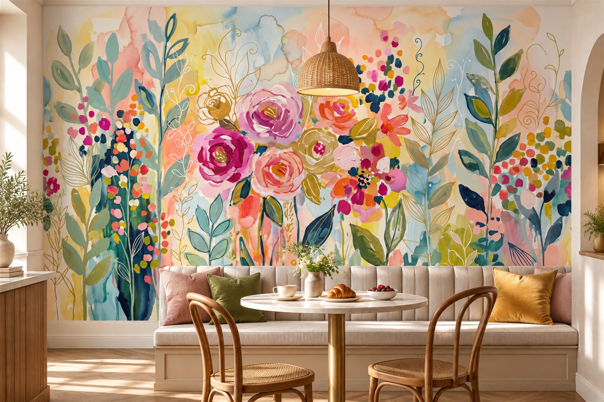 Pink Floral Botanical Illustrated Wallpaper Mural Home-office-wallpaper-murals, Shown In A Home Office, Peel-and-stick Finish