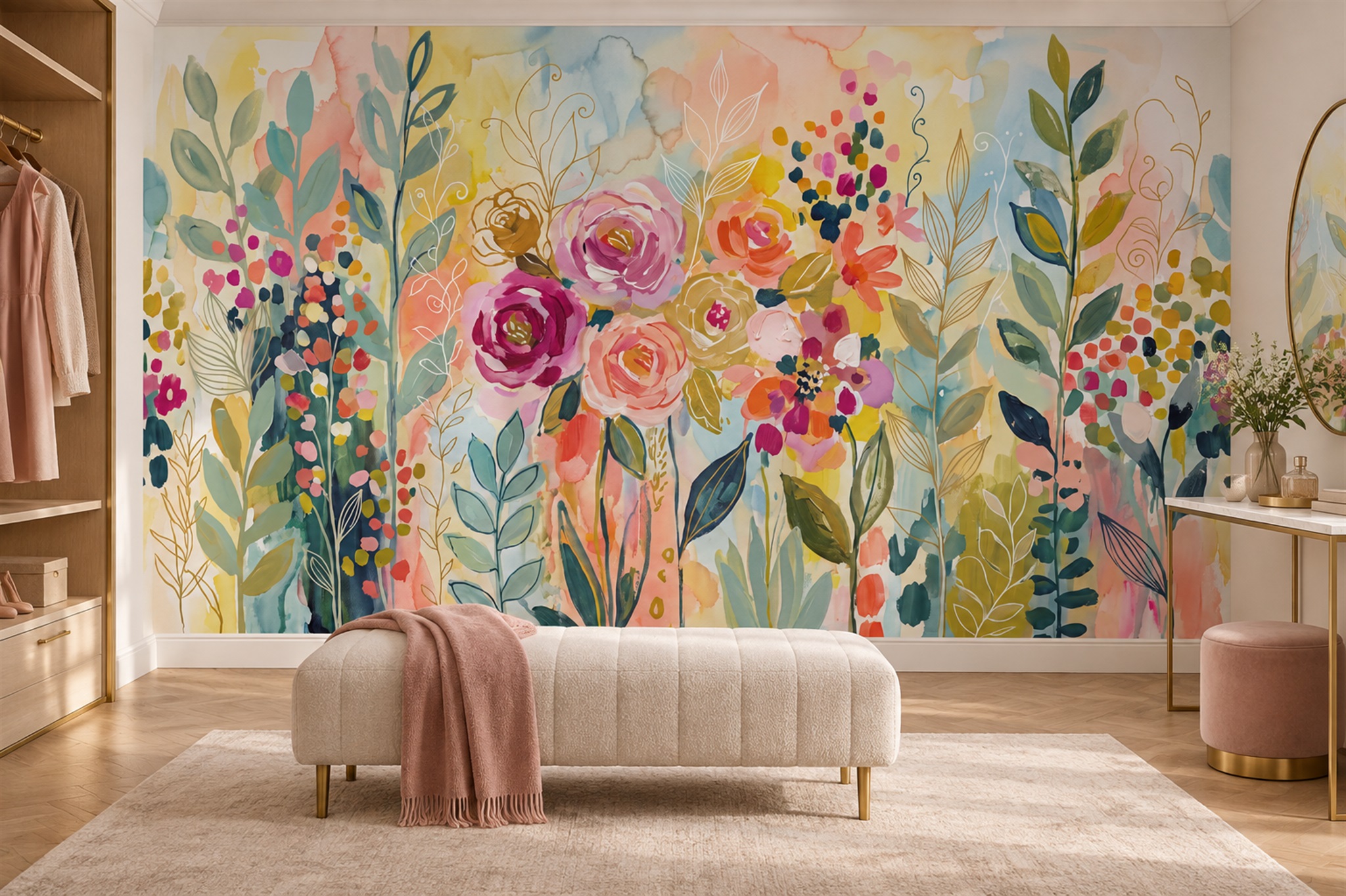 Pink Floral Botanical Illustrated Wallpaper Mural Dining-room-wallpaper-murals, Peel-and-stick Finish