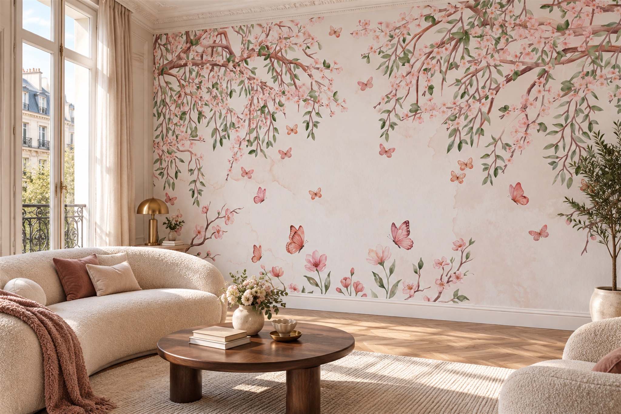 Pink Pattern Decorative Wallpaper Mural Layered Blossom Wallpaper Mural Living-room-wallpaper-murals, Shown In A Living Room, Peel-and-stick Finish