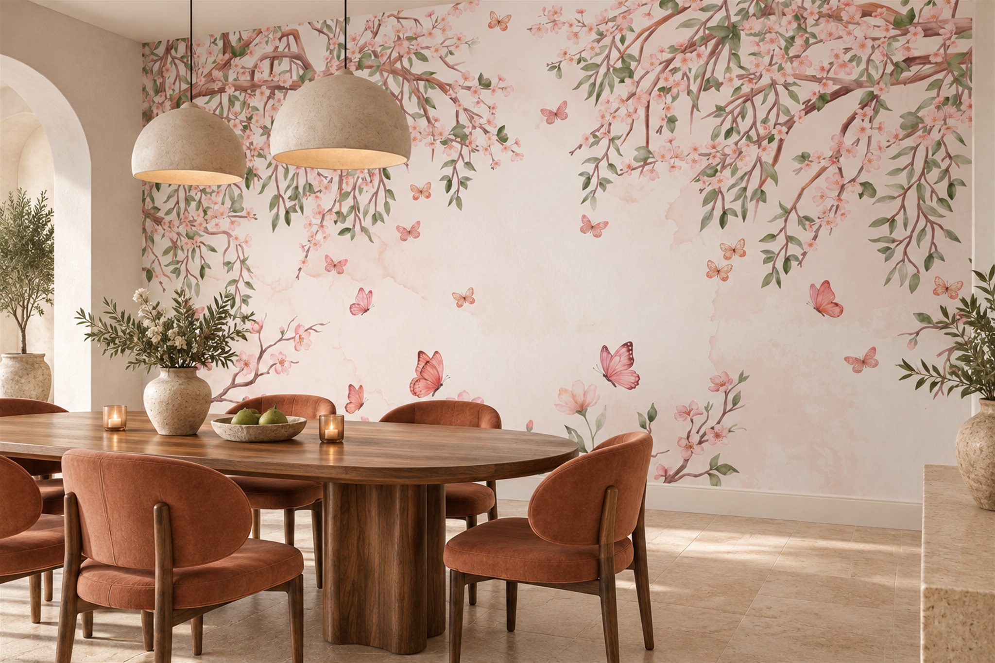 Pink Pattern Decorative Wallpaper Mural Layered Blossom Wallpaper Mural Dining-room-wallpaper-murals, Shown In A Dining Room, Peel-and-stick Finish