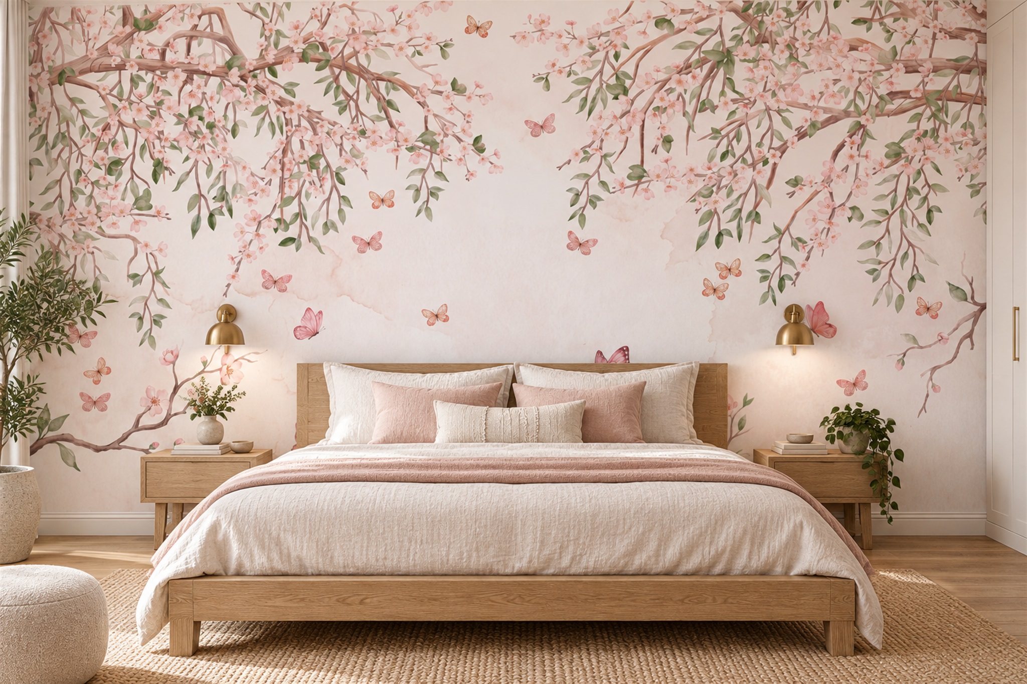 Cherry Blossom Branches And Butterflies Wallpaper Mural — Installed Wallpaper Mural In A Bedroom, Peel-and-stick Finish