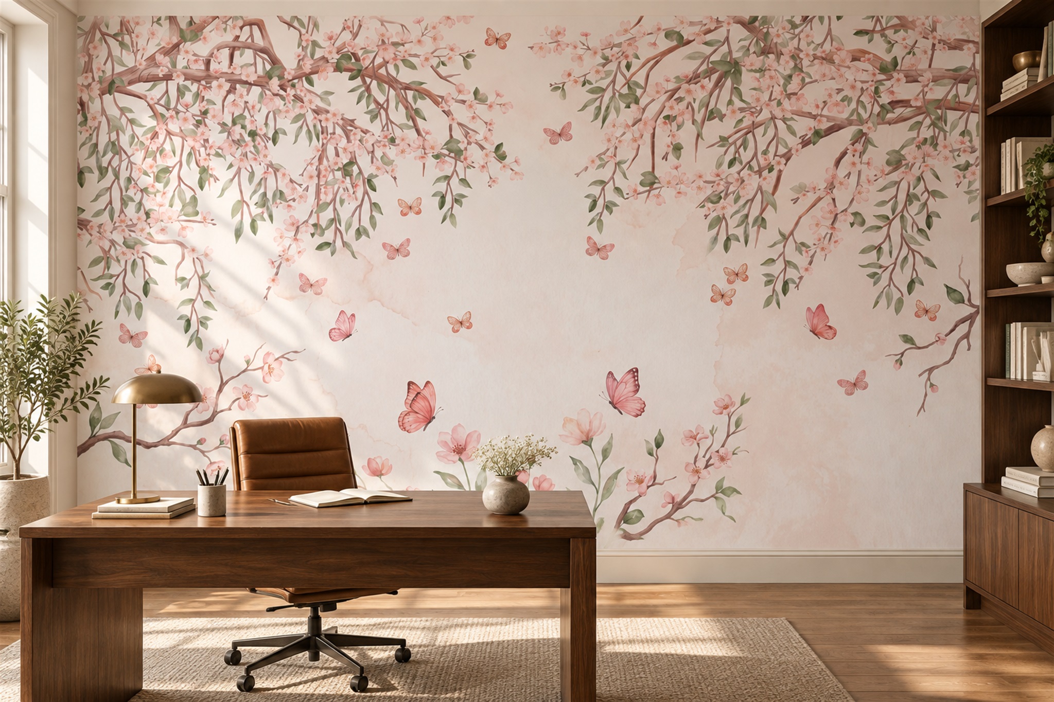Pink Pattern Decorative Wallpaper Mural Layered Blossom Wallpaper Mural Home-office-wallpaper-murals, Shown In A Home Office, Peel-and-stick Finish