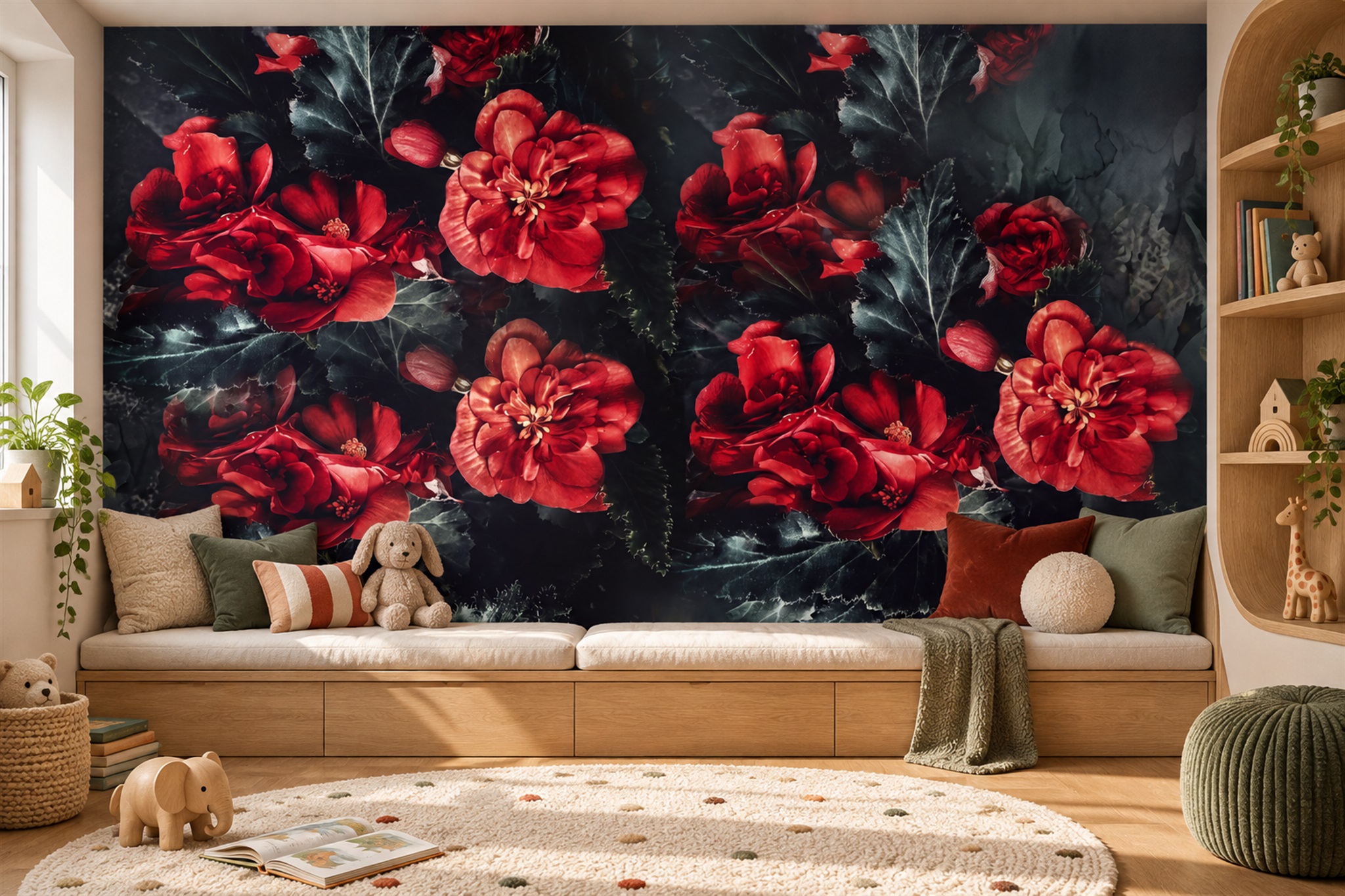Red Peony Botanical Wallpaper Mural Bedroom-wallpaper-murals, Peel-and-stick Finish