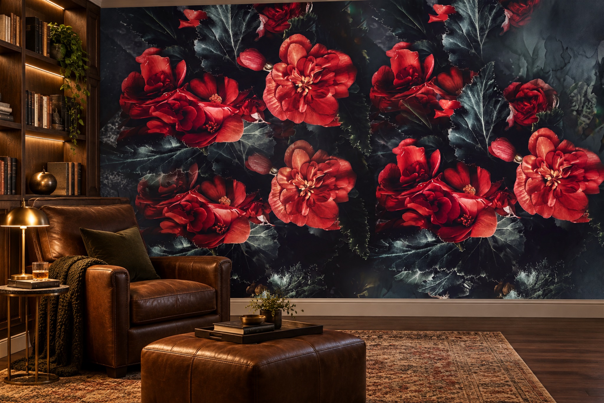 Red Peony Botanical Wallpaper Mural Living-room-wallpaper-murals, Peel-and-stick Finish