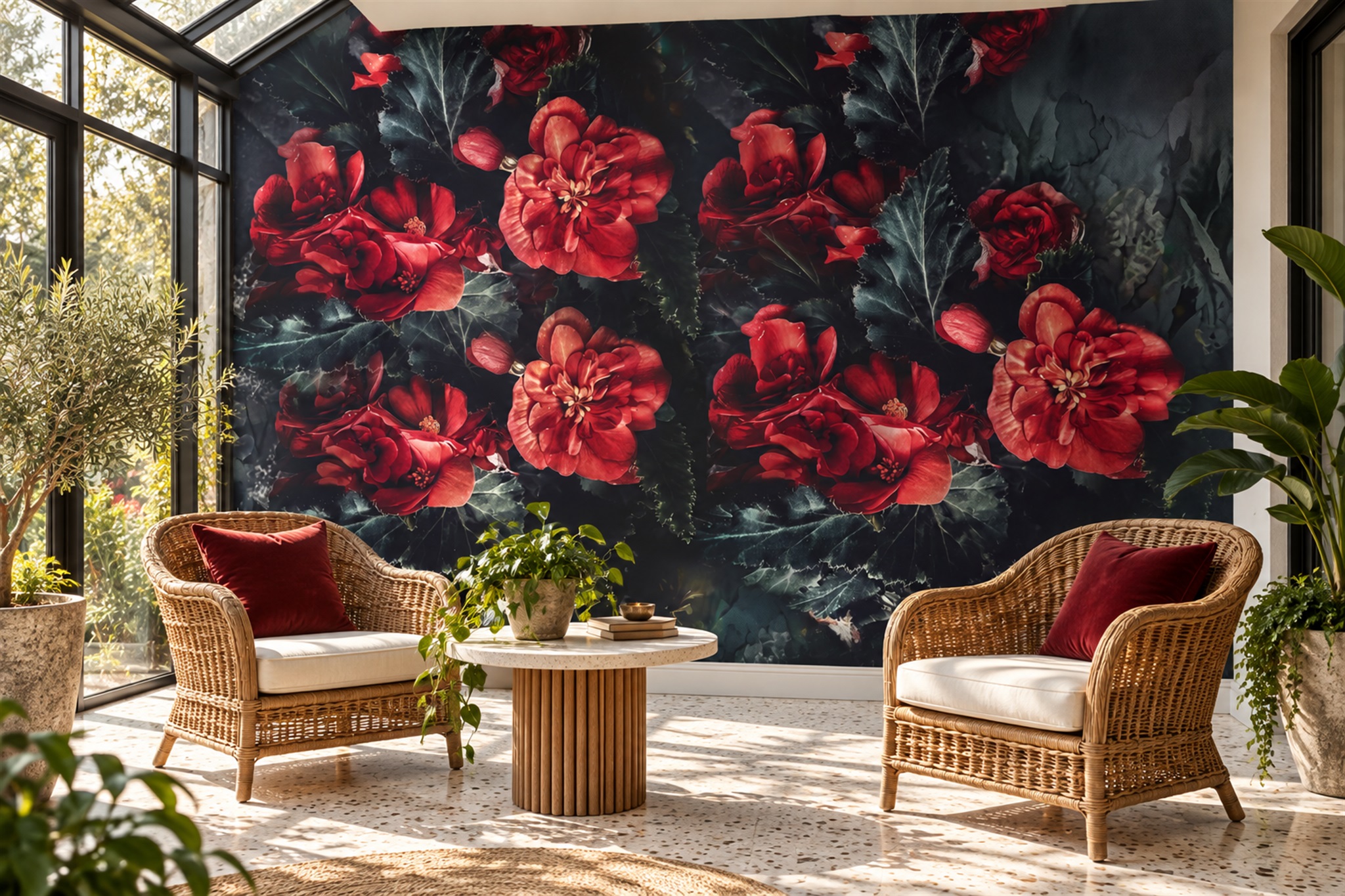 Red Peony Botanical Wallpaper Mural Home-office-wallpaper-murals, Peel-and-stick Finish