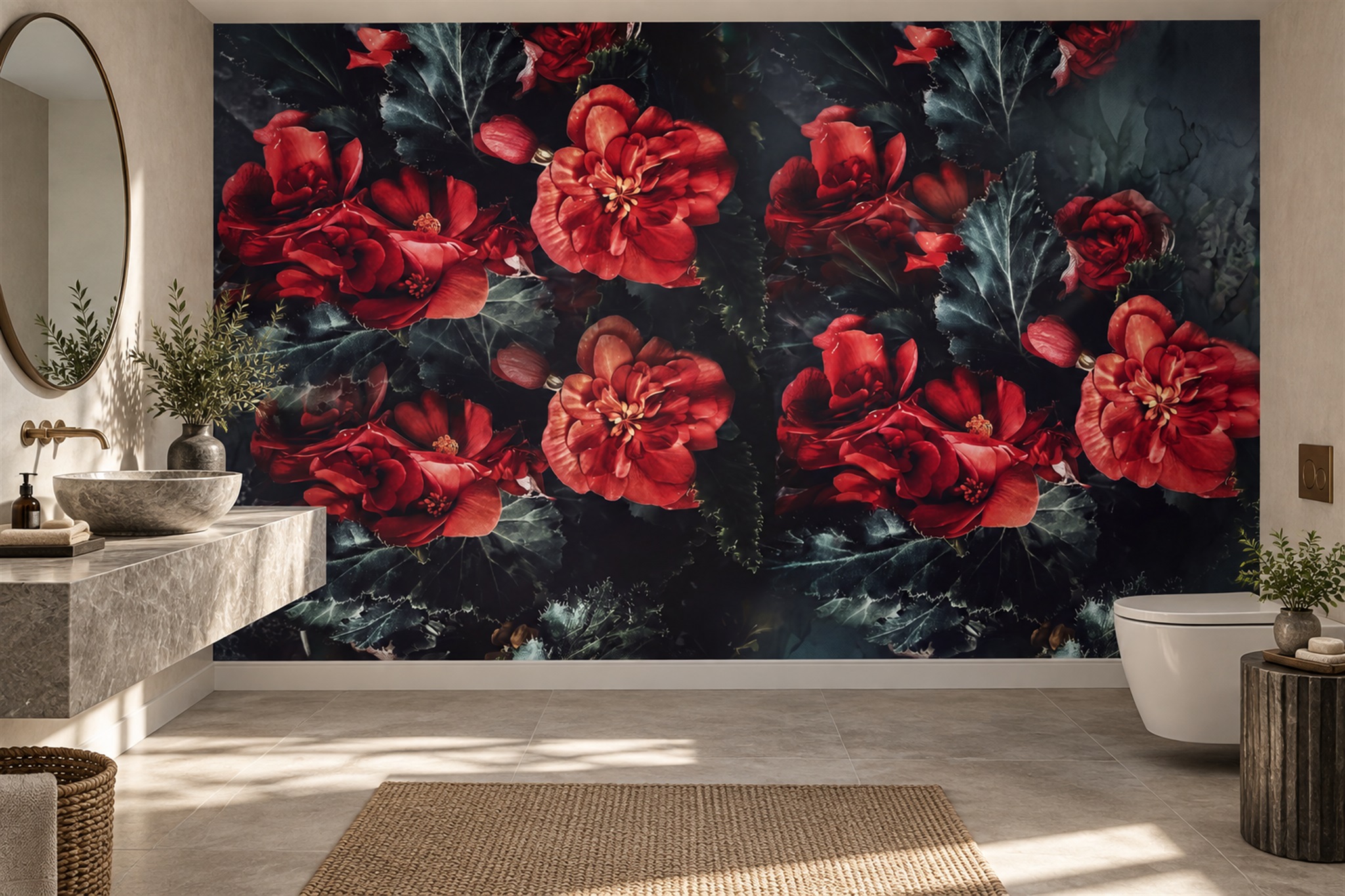 Red Peony Botanical Wallpaper Mural Home-office-wallpaper-murals, Peel-and-stick Finish