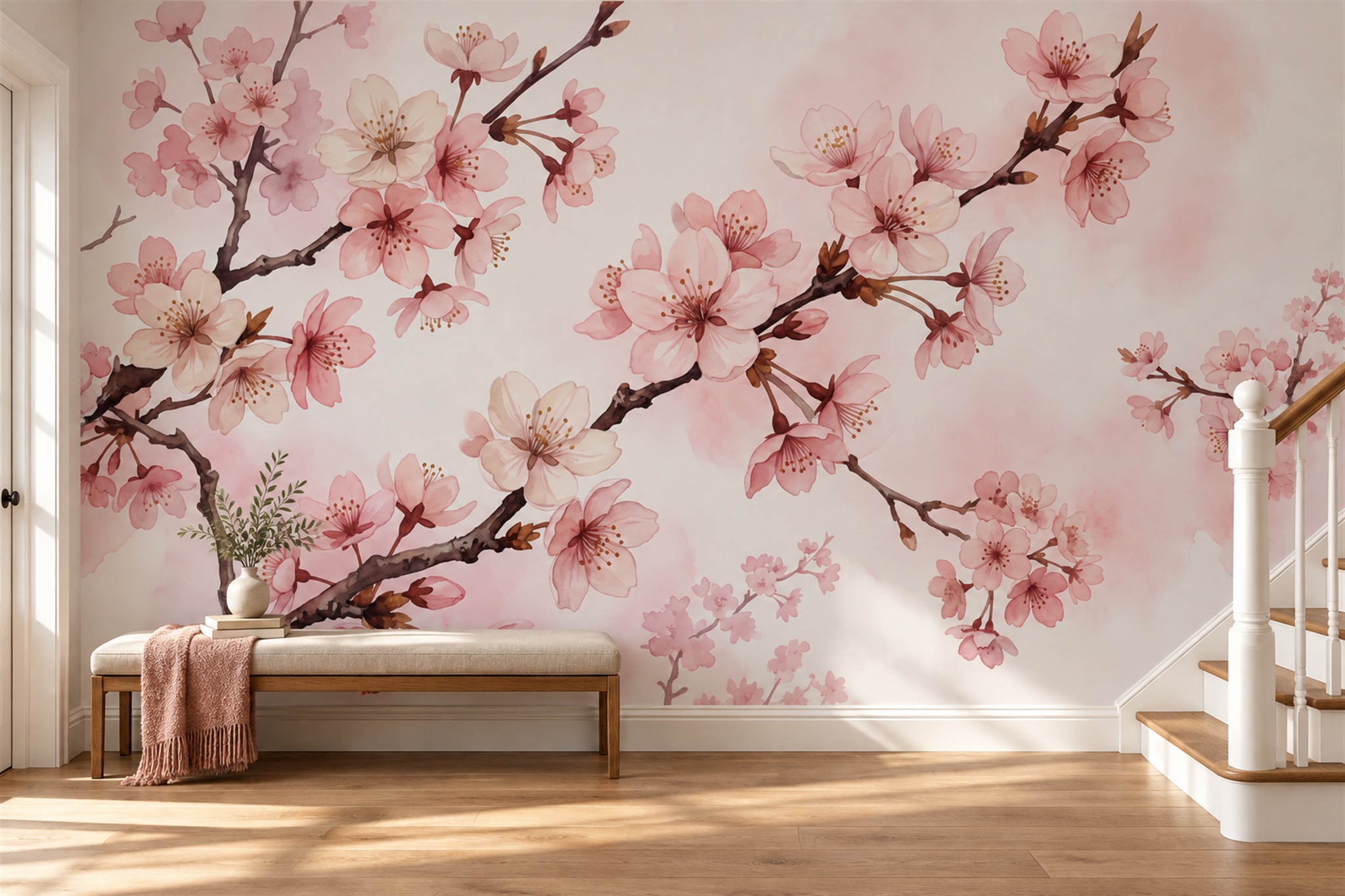 Pink Pattern Decorative Wallpaper Mural Layered Branches Wallpaper Mural Accent-wall-wallpaper-murals, Peel-and-stick Finish