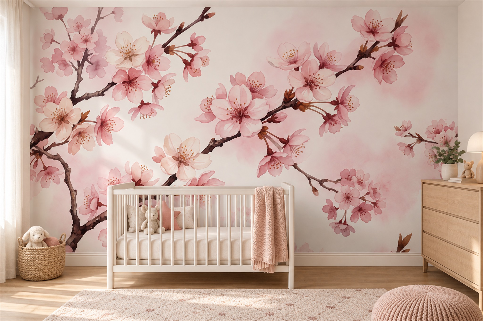 Pink Pattern Decorative Wallpaper Mural Layered Branches Wallpaper Mural Dining-room-wallpaper-murals, Shown In A Dining Room, Peel-and-stick Finish