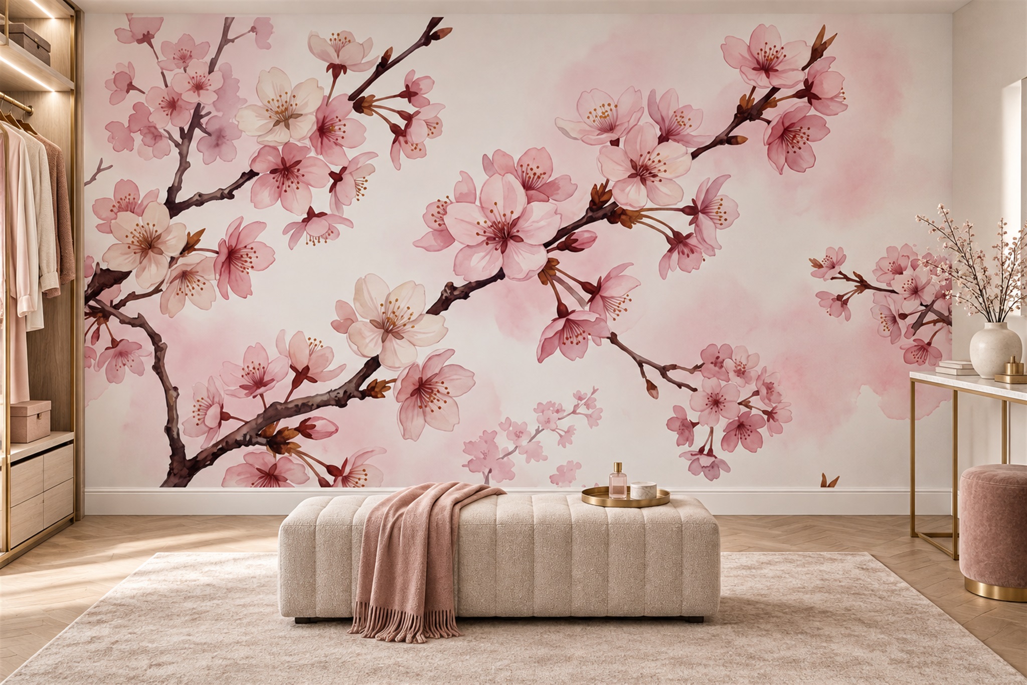 Pink Cherry Blossom Branch Wallpaper Mural — Installed Wallpaper Mural In A Bedroom, Peel-and-stick Finish