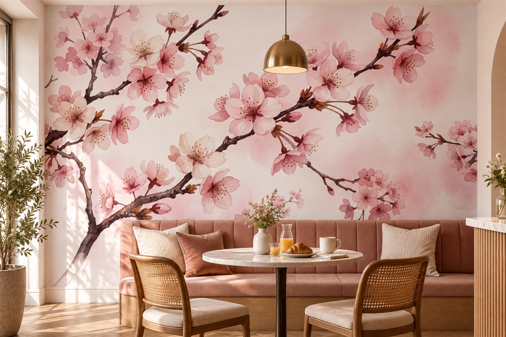 Pink Pattern Decorative Wallpaper Mural Layered Branches Wallpaper Mural Bedroom-wallpaper-murals, Peel-and-stick Finish