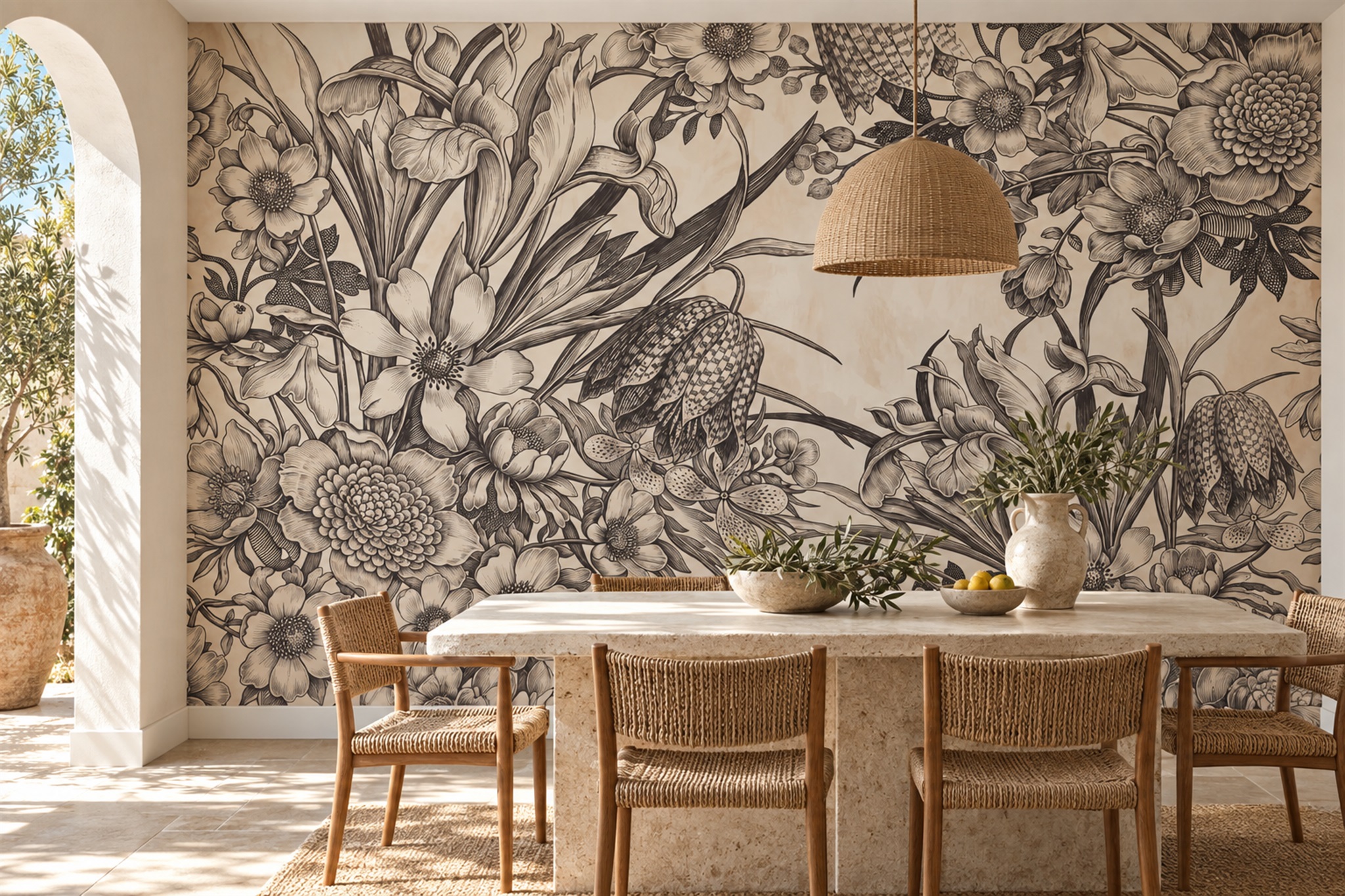 Beige Botanical Botanical Vintage Wallpaper Mural Bedroom-wallpaper-murals, Peel-and-stick Finish