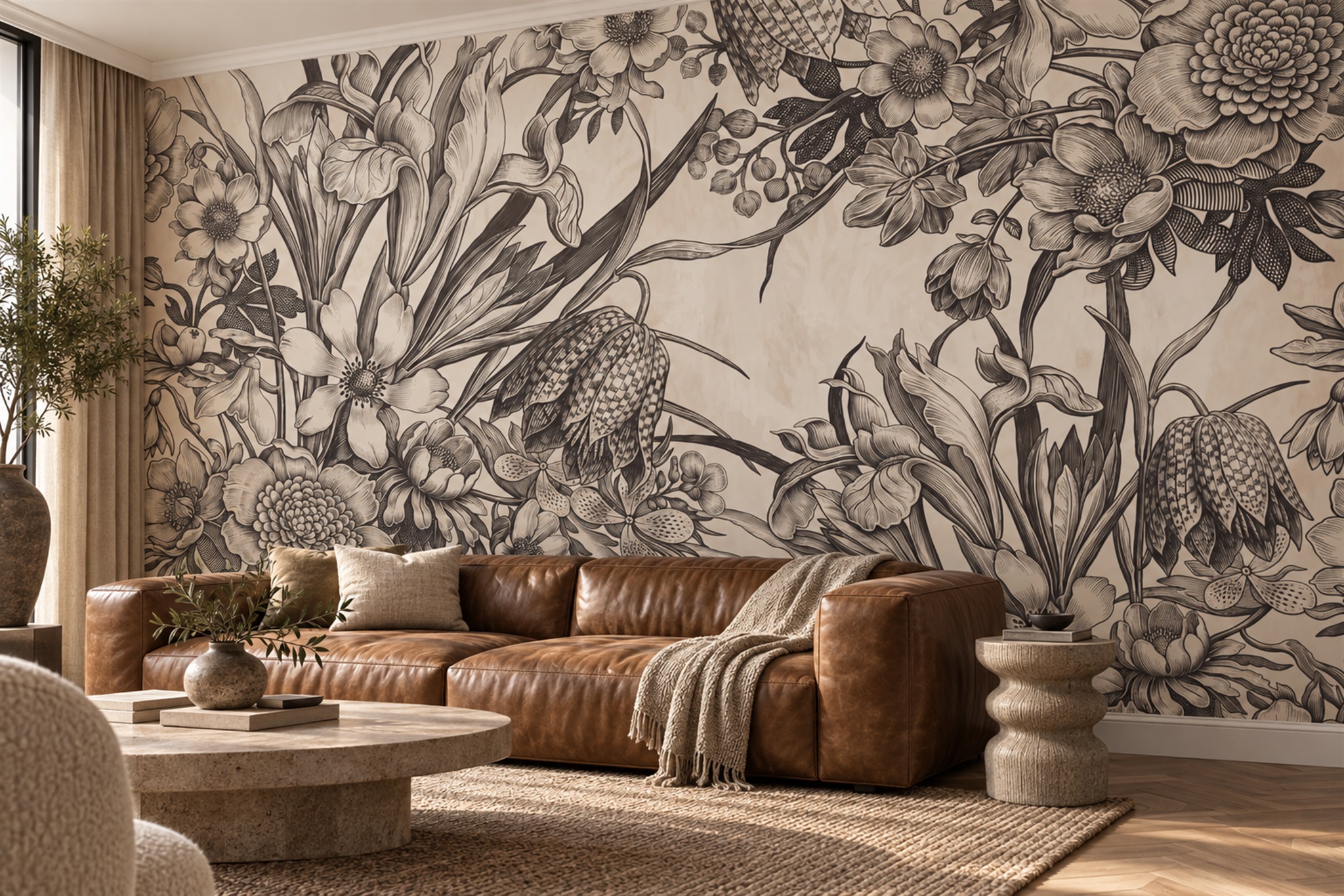 Beige Botanical Botanical Vintage Wallpaper Mural Dining-room-wallpaper-murals, Shown In A Dining Room, Peel-and-stick Finish
