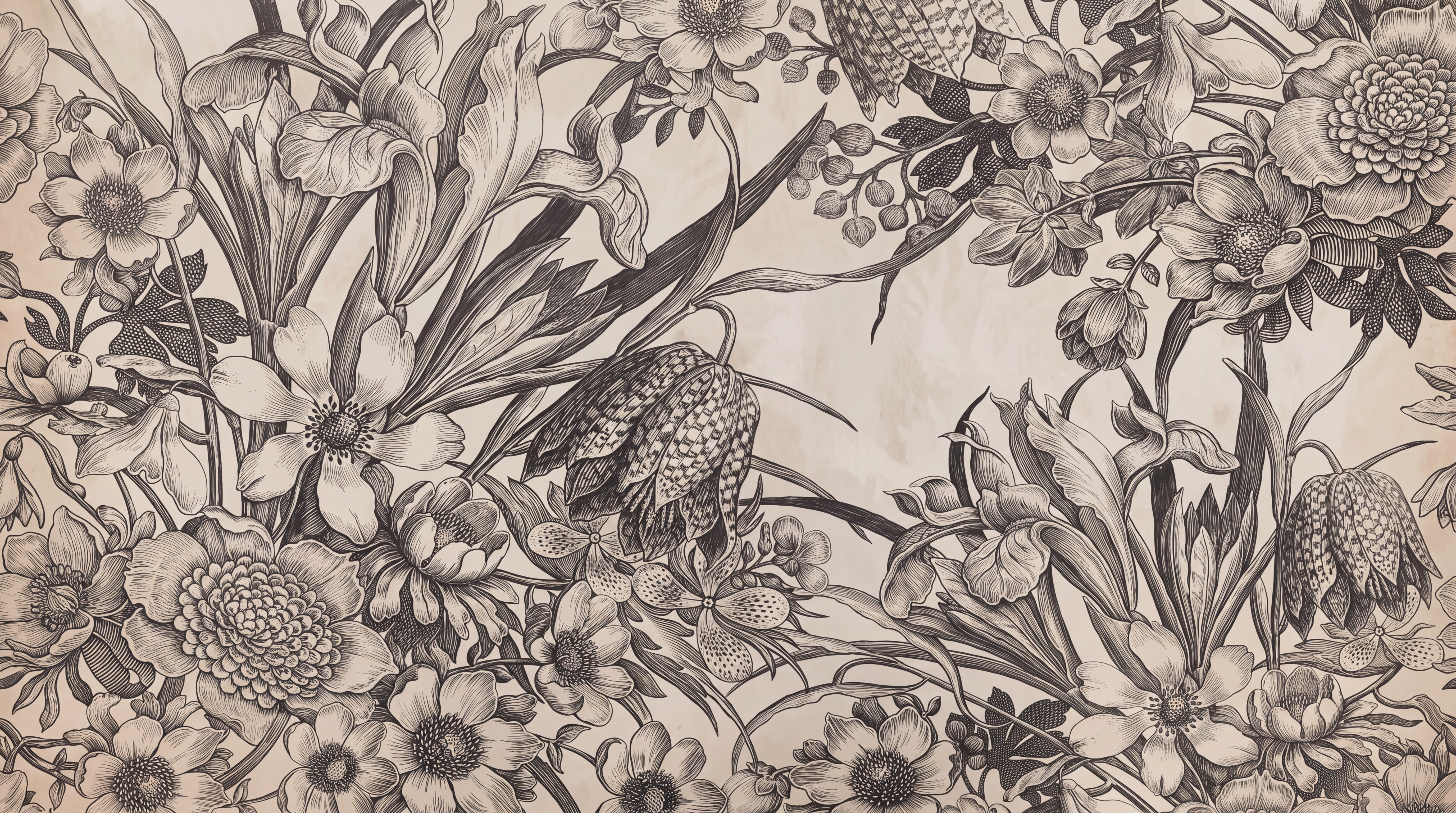 Beige Botanical Botanical Vintage Wallpaper Mural, Peel-and-stick Finish