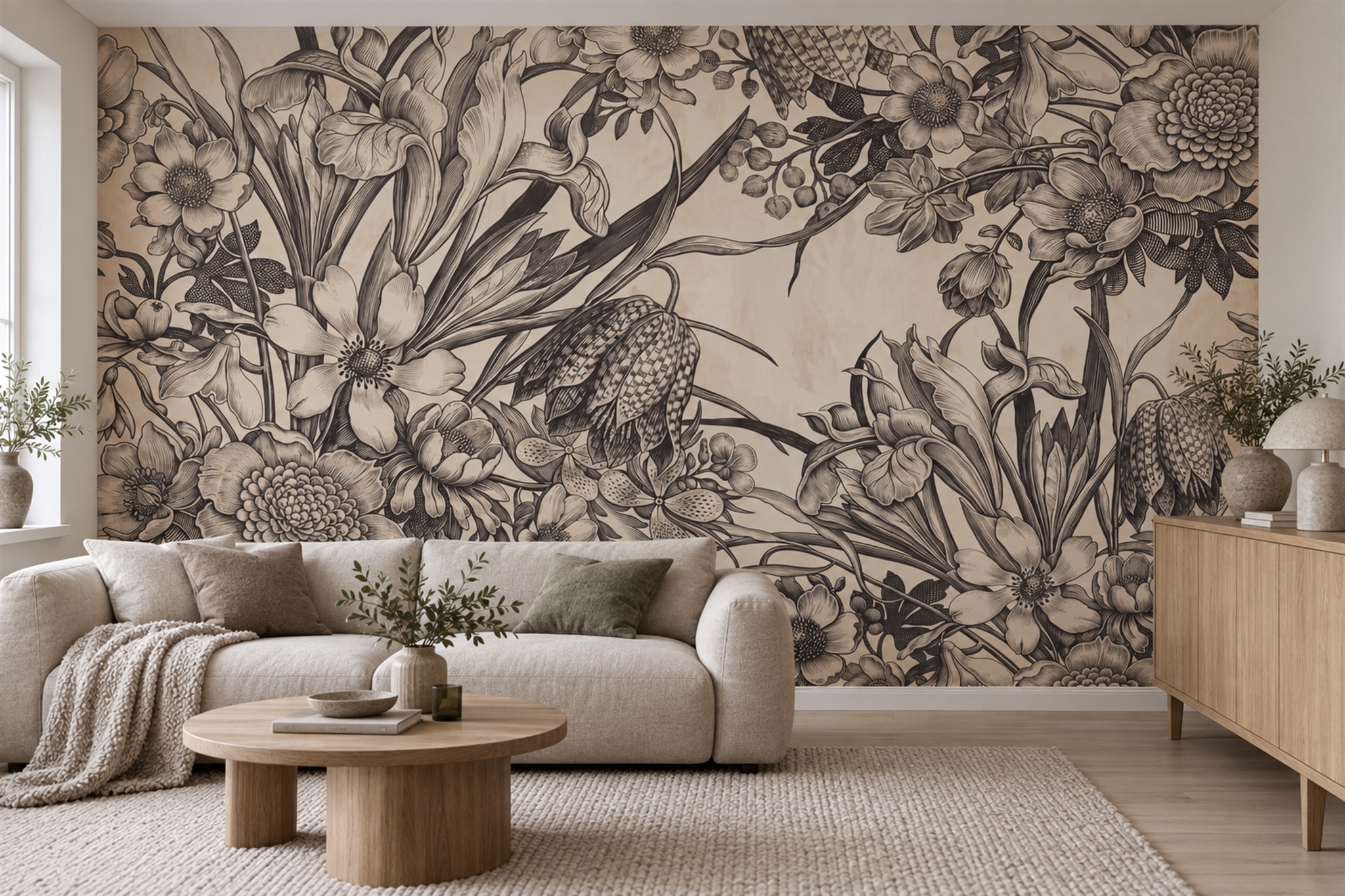 Beige Botanical Botanical Vintage Wallpaper Mural Accent-wall-wallpaper-murals, Peel-and-stick Finish