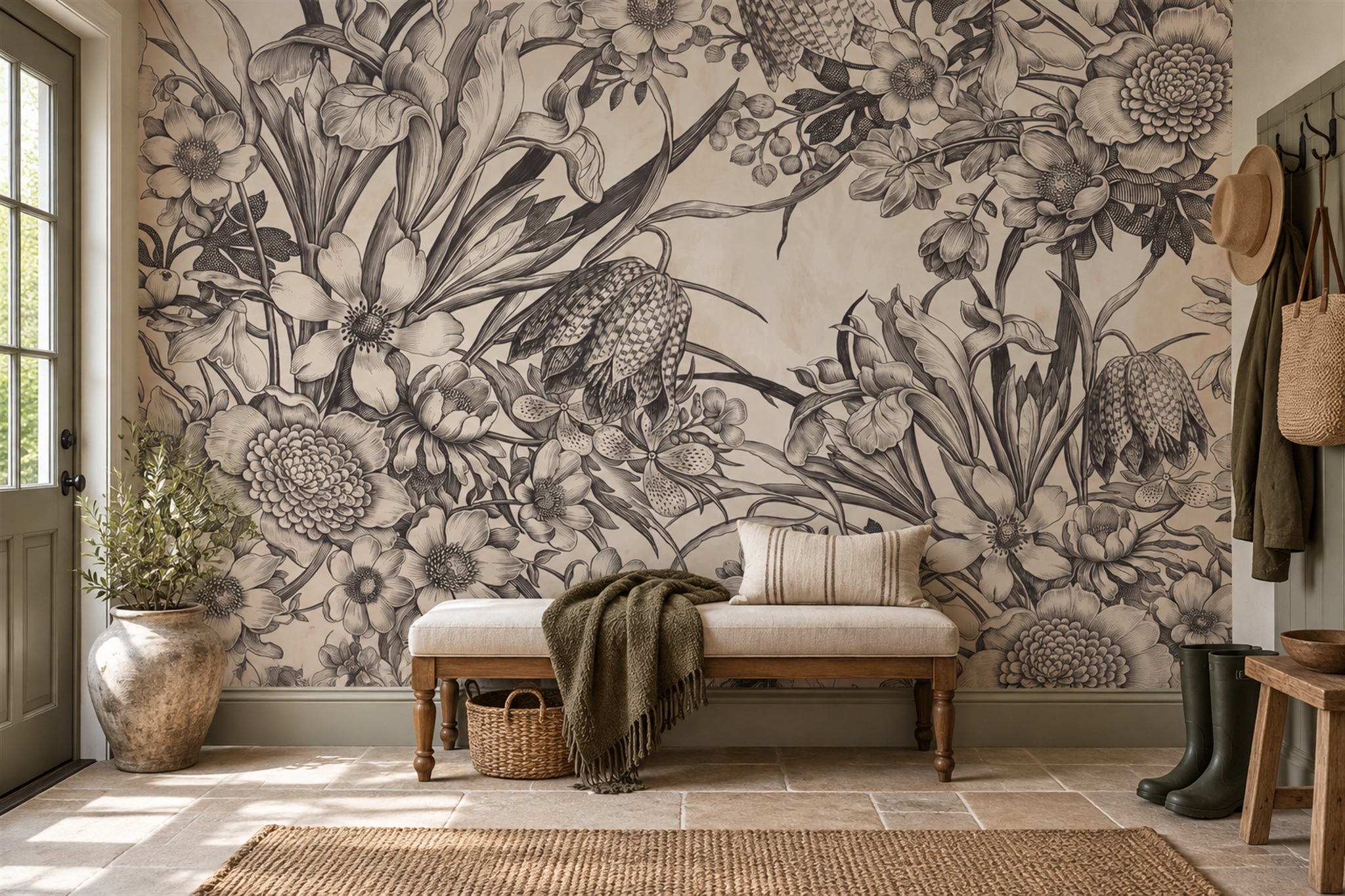 Beige Botanical Botanical Vintage Wallpaper Mural Bedroom-wallpaper-murals, Peel-and-stick Finish