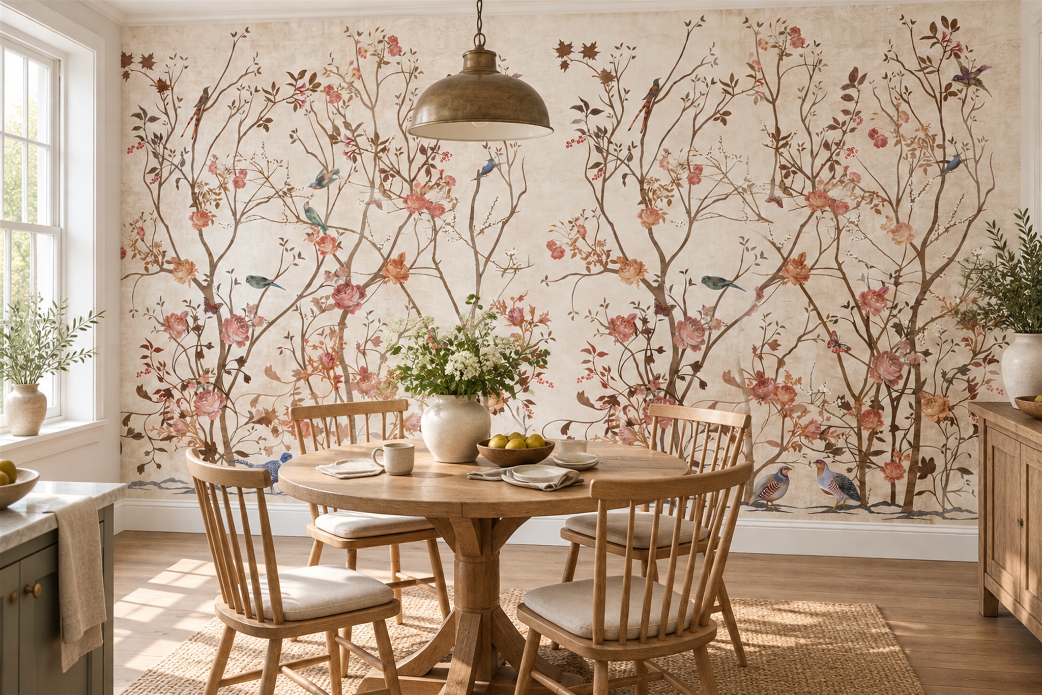Beige Pattern Decorative Wallpaper Mural Layered Tones Wallpaper Mural Dining-room-wallpaper-murals, Shown In A Dining Room, Peel-and-stick Finish