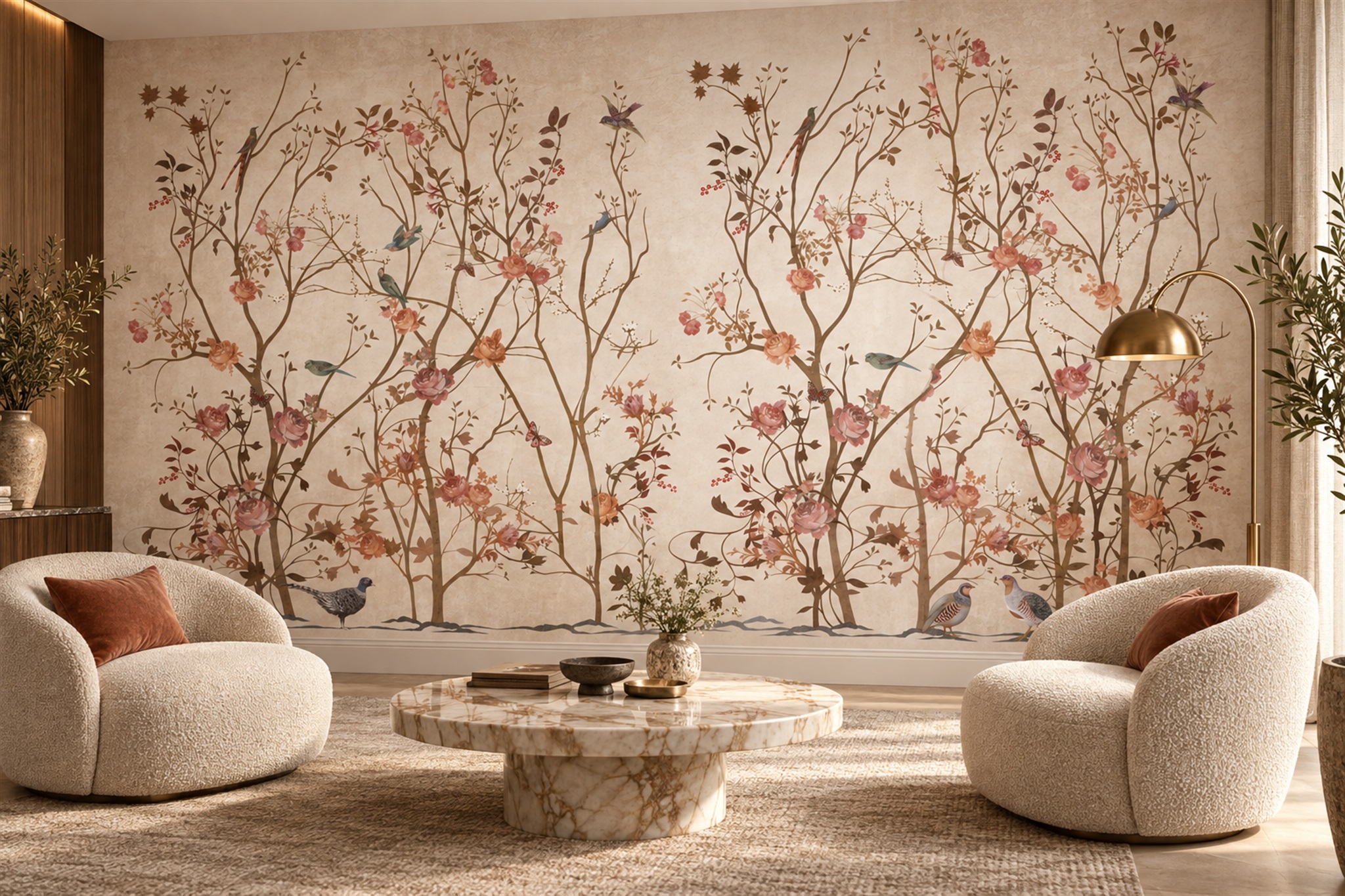 Vintage Birds And Roses On Parchment Wallpaper Mural — Wallpaper Mural Design, Peel-and-stick Finish