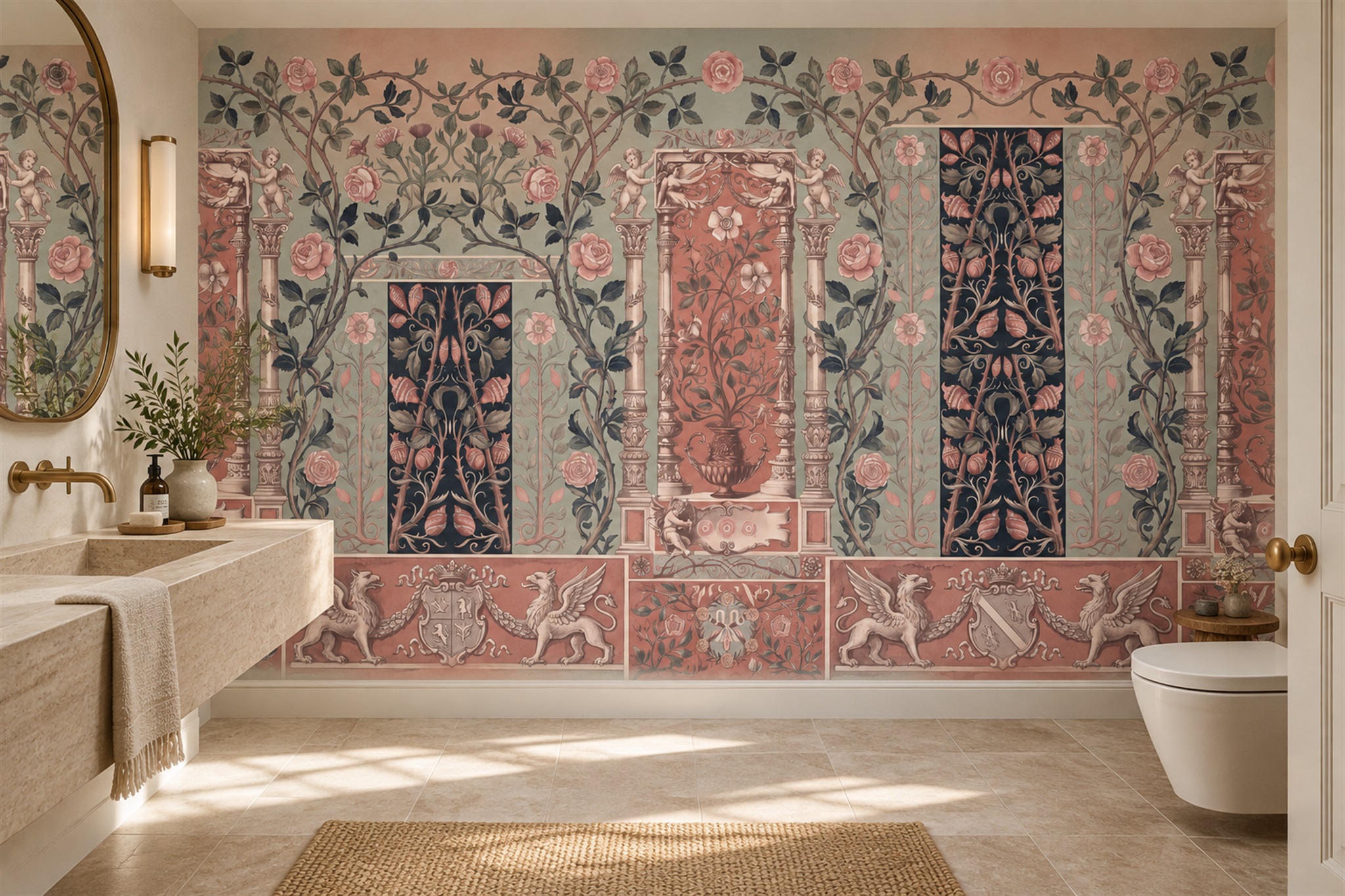 Pink Pattern Decorative Wallpaper Mural Layered Quiet Wallpaper Mural Dining-room-wallpaper-murals, Shown In A Dining Room, Peel-and-stick Finish