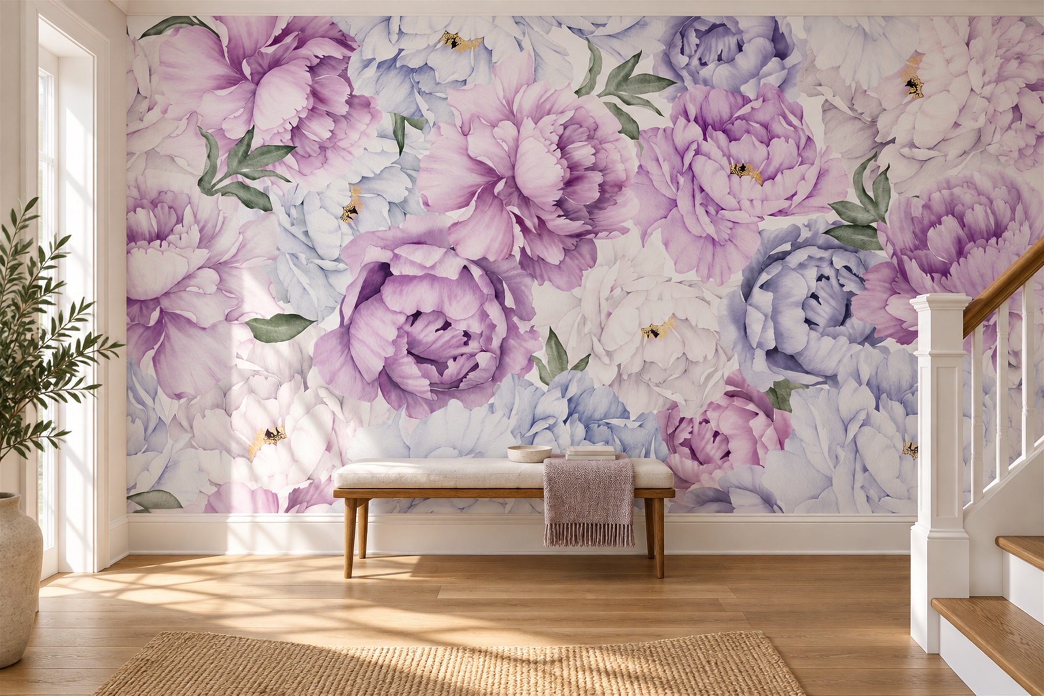 Lilac Peony Botanical Wallpaper Mural Accent-wall-wallpaper-murals, Peel-and-stick Finish