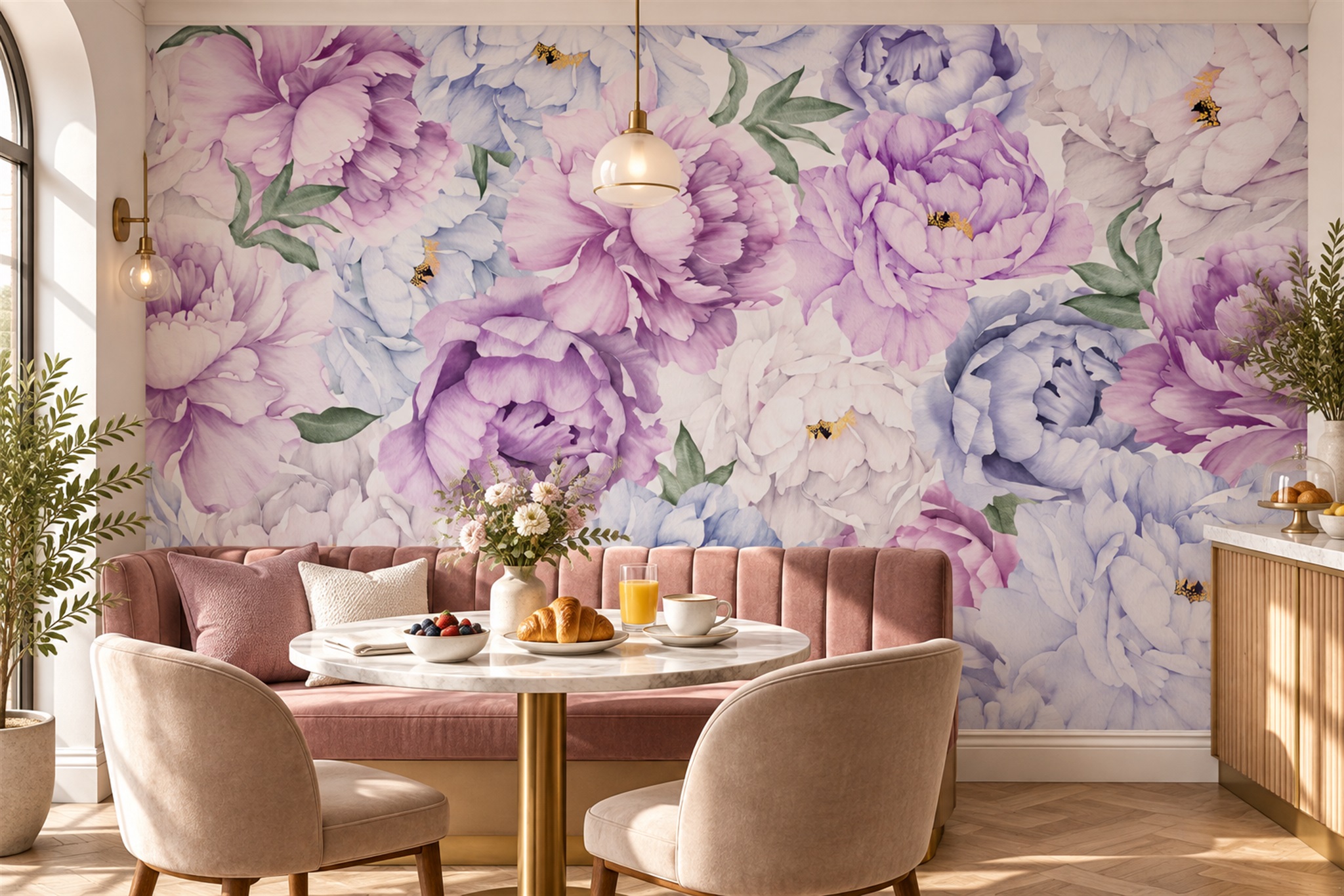 Lilac Peony Botanical Wallpaper Mural Bedroom-wallpaper-murals, Peel-and-stick Finish