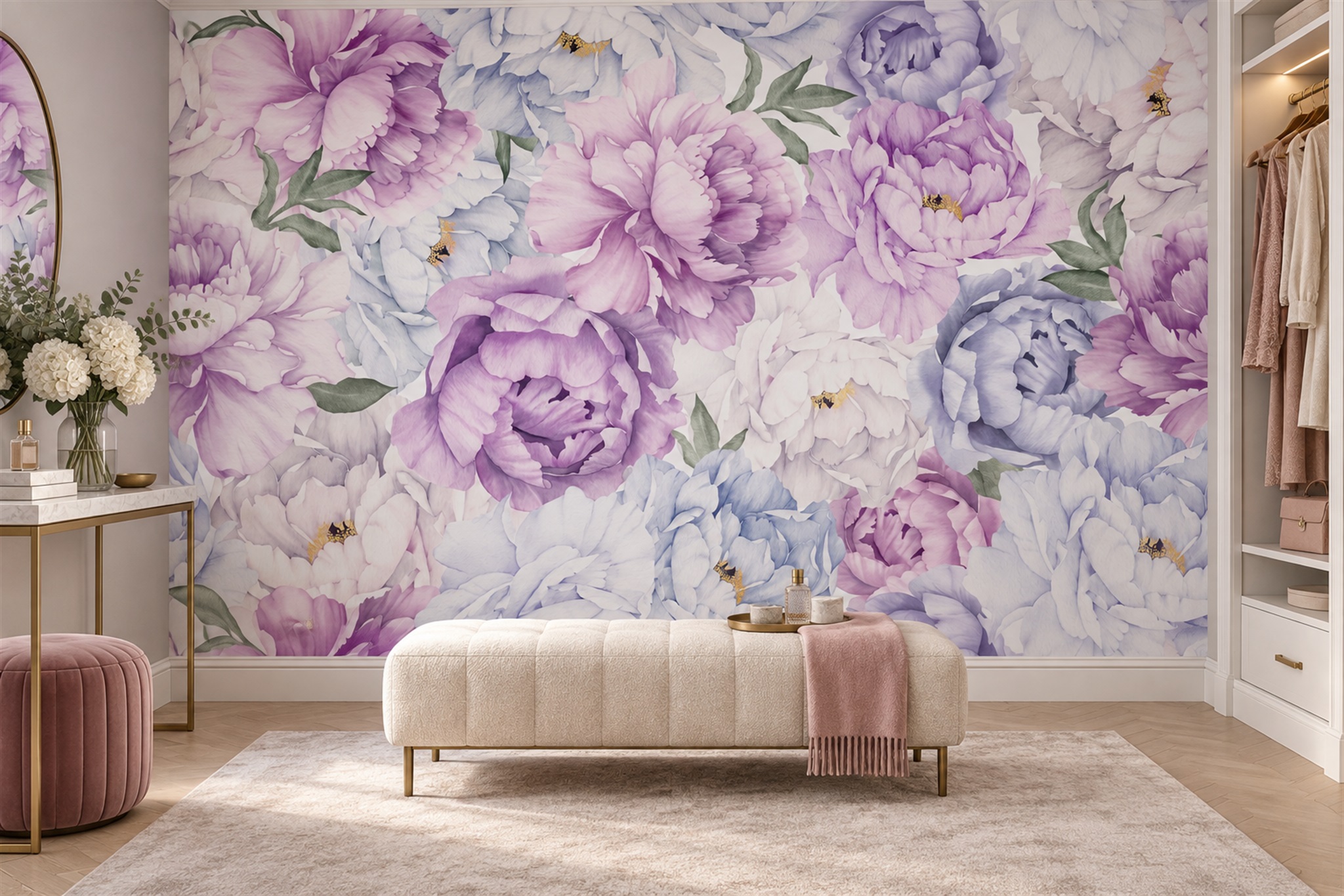 Lilac Peony Botanical Wallpaper Mural Bedroom-wallpaper-murals, Peel-and-stick Finish