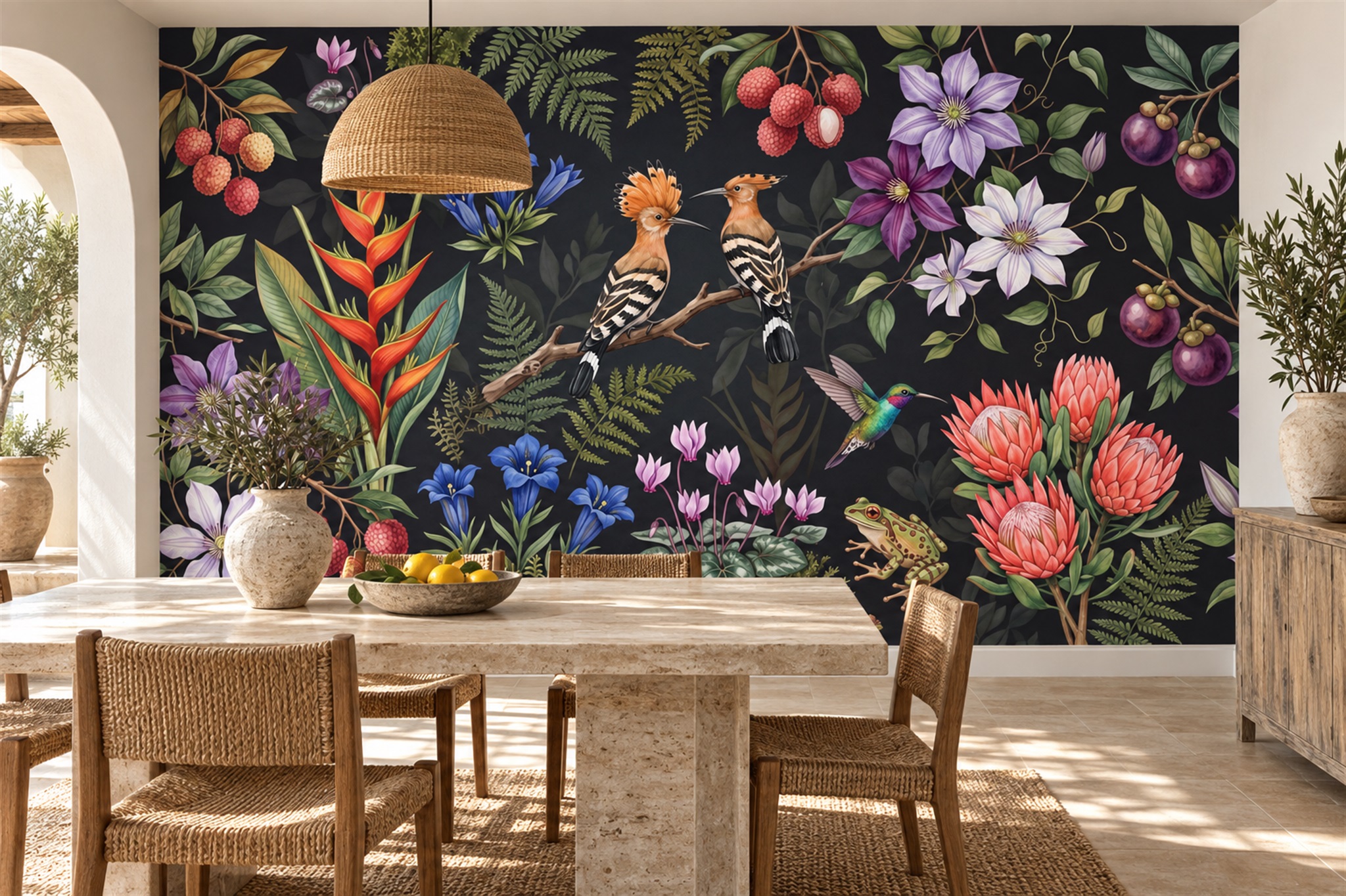 Tropical Birds And Exotic Flowers On Black Wallpaper Mural — Installed Wallpaper Mural In A Bedroom, Peel-and-stick Finish
