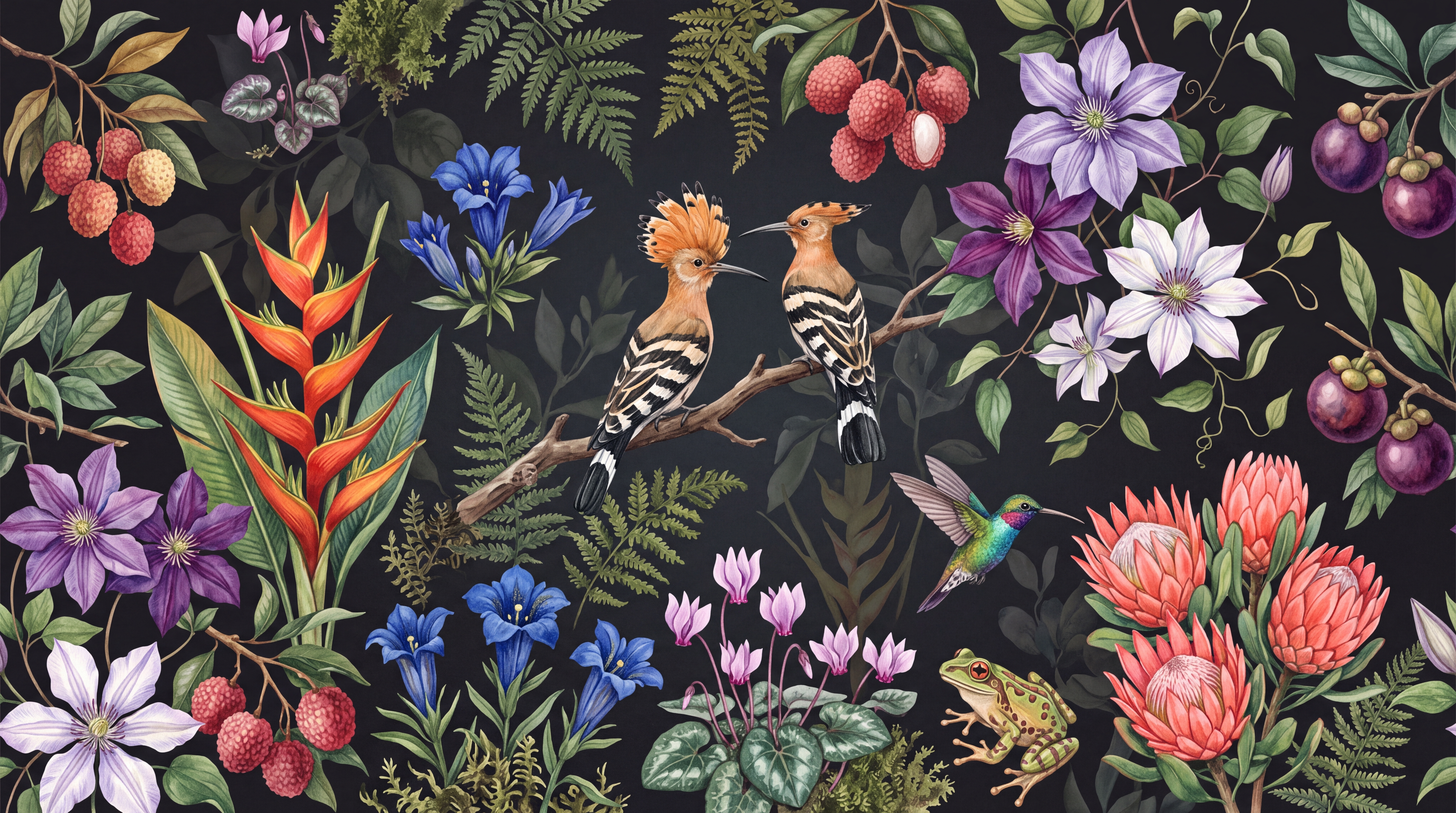 Black Botanical Botanical Bird Wallpaper Mural, Peel-and-stick Finish