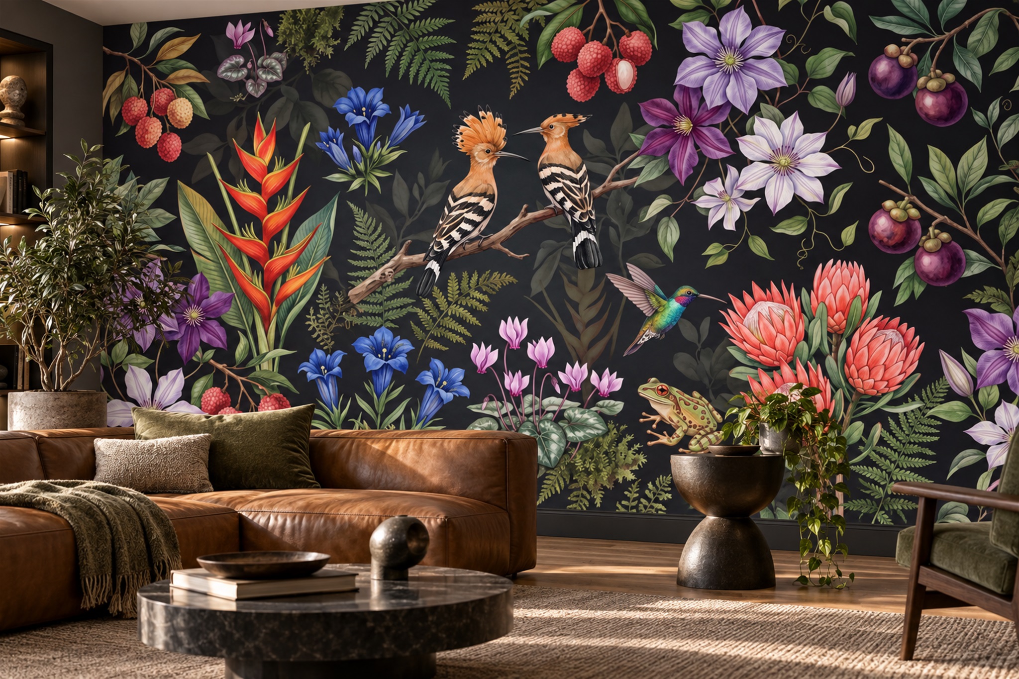 Black Botanical Botanical Bird Wallpaper Mural Dining-room-wallpaper-murals, Shown In A Dining Room, Peel-and-stick Finish