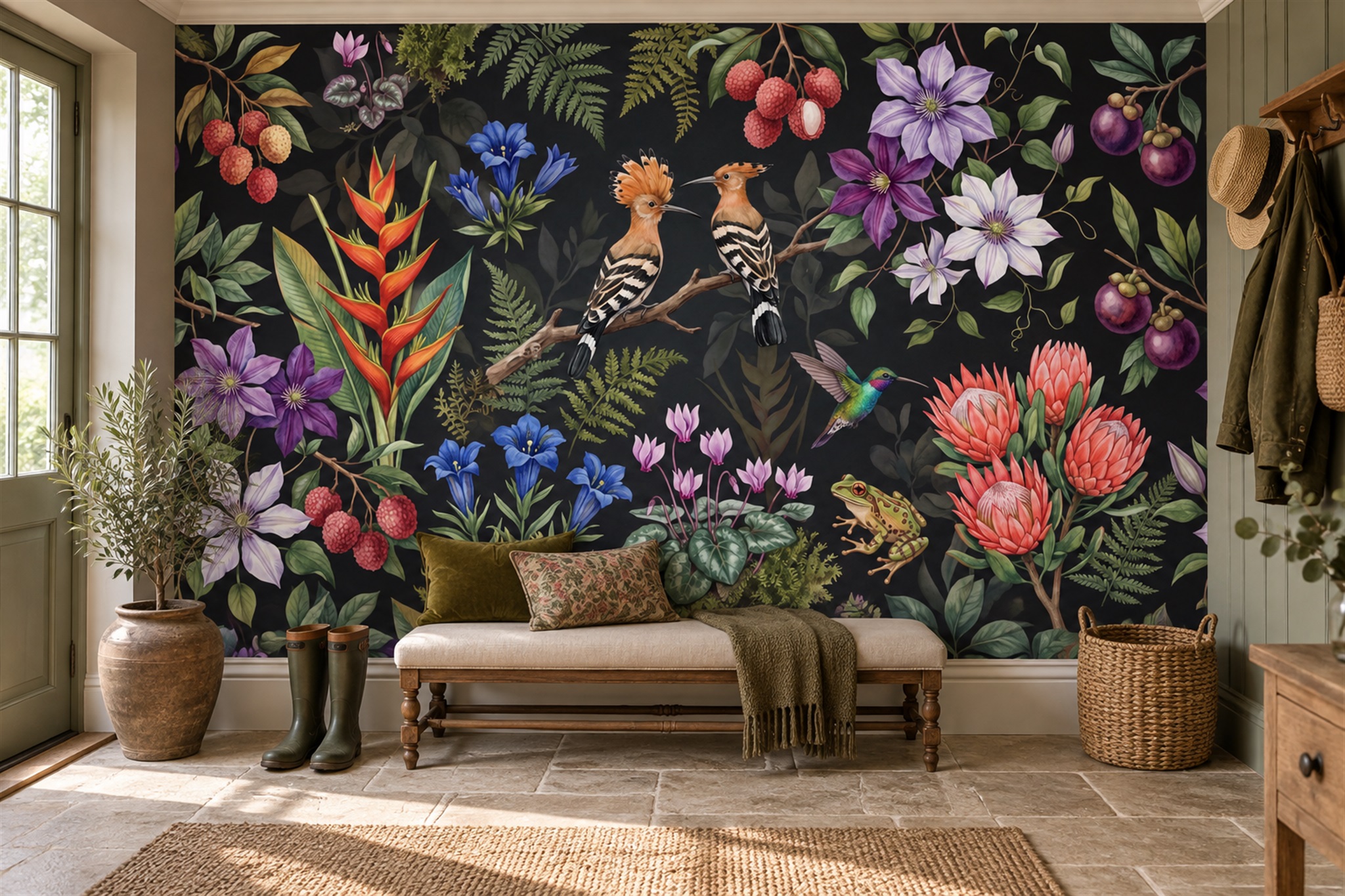 Black Botanical Botanical Bird Wallpaper Mural Home-office-wallpaper-murals, Shown In A Home Office, Peel-and-stick Finish