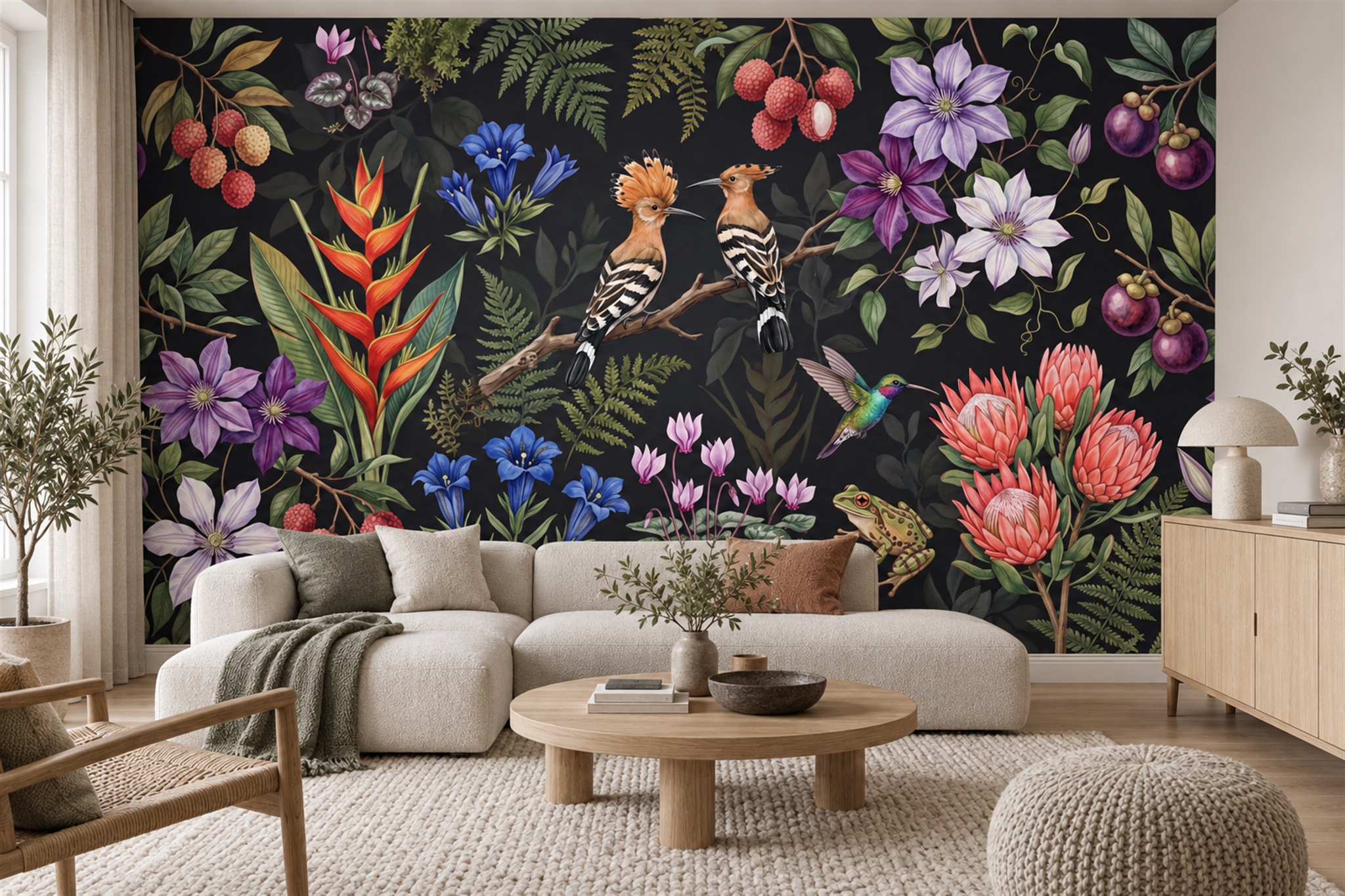 Black Botanical Botanical Bird Wallpaper Mural Accent-wall-wallpaper-murals, Peel-and-stick Finish