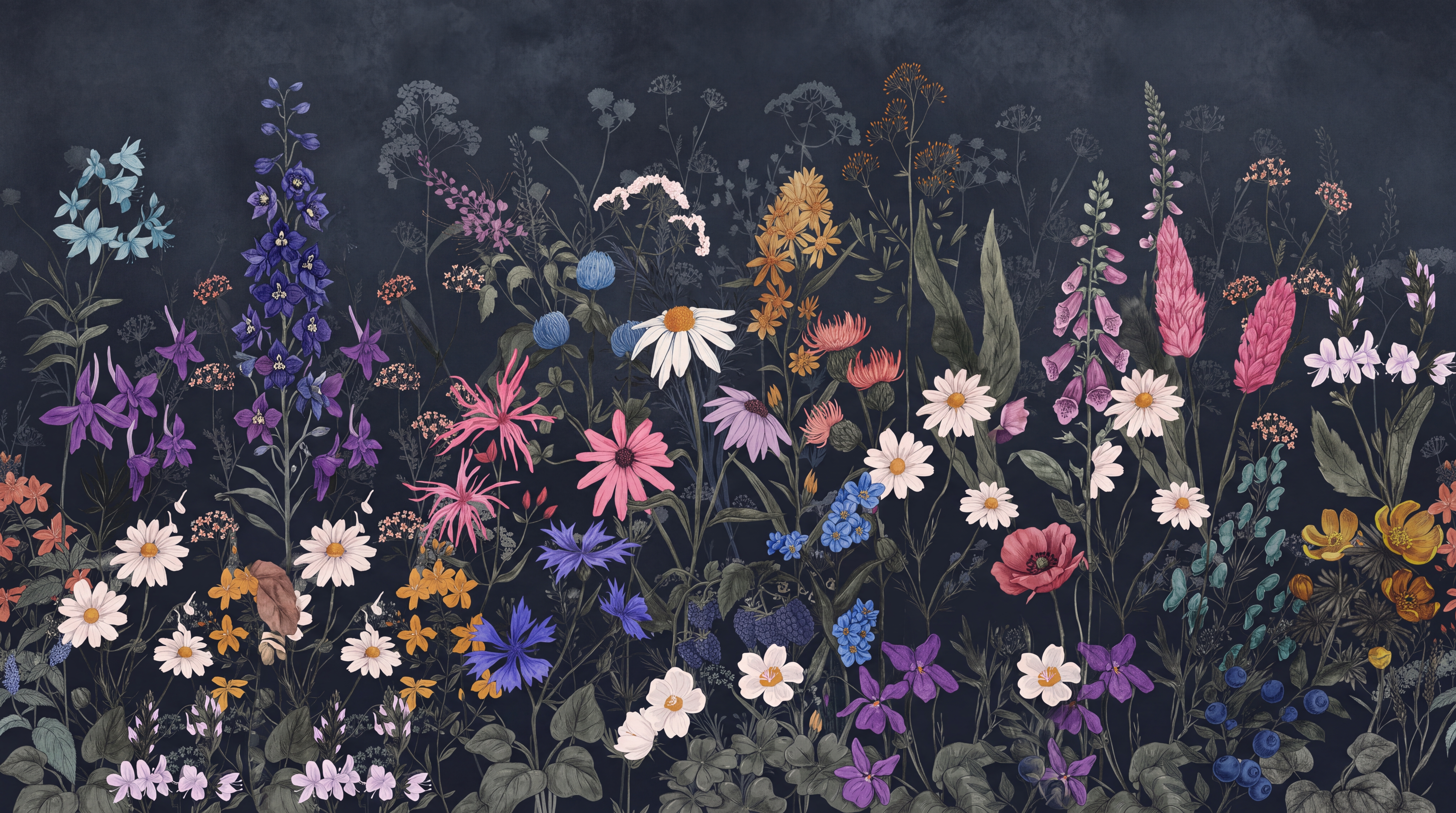 Navy Botanical Botanical Meadow Wallpaper Mural, Peel-and-stick Finish