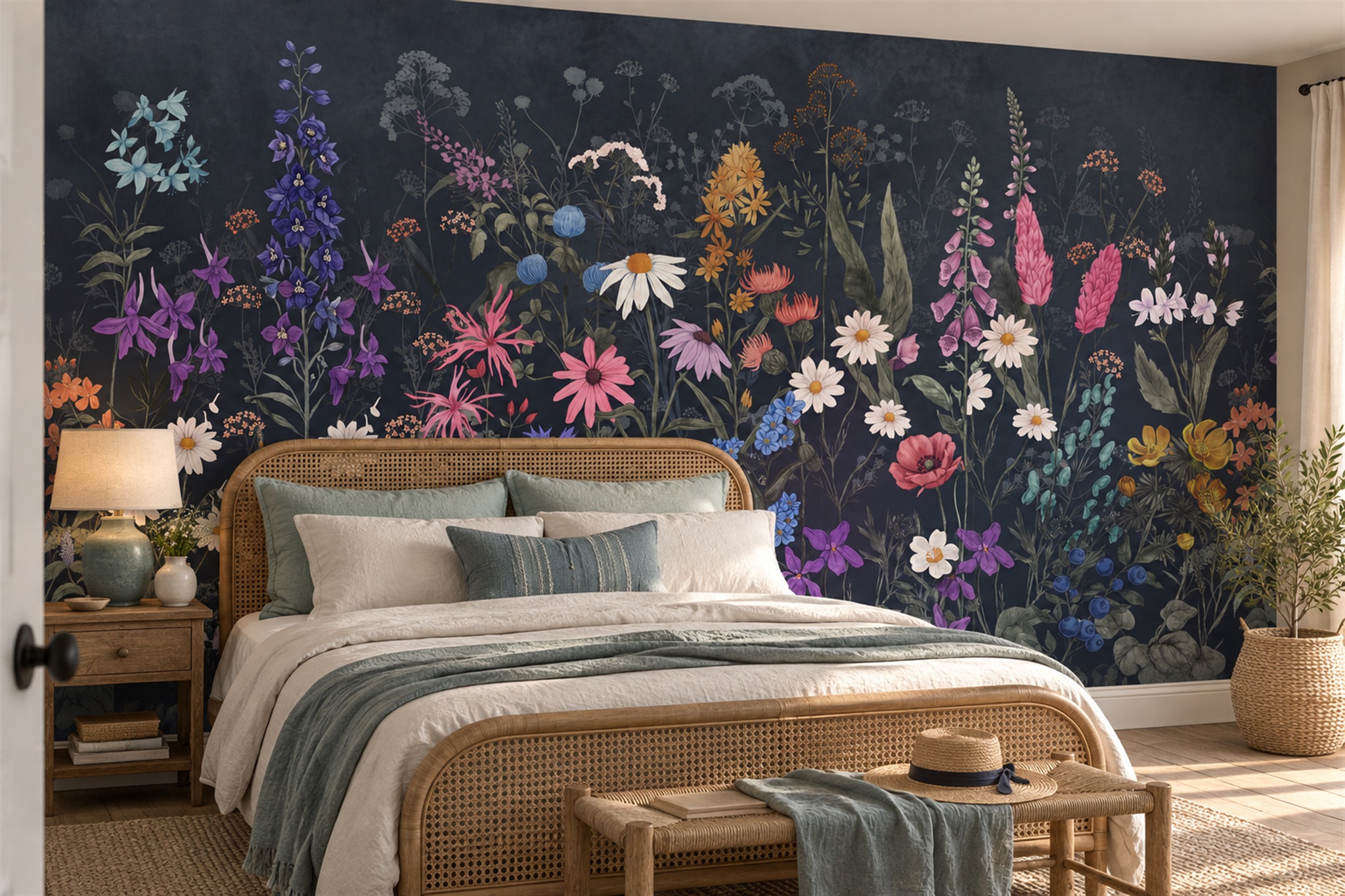 Navy Botanical Botanical Meadow Wallpaper Mural Accent-wall-wallpaper-murals, Peel-and-stick Finish