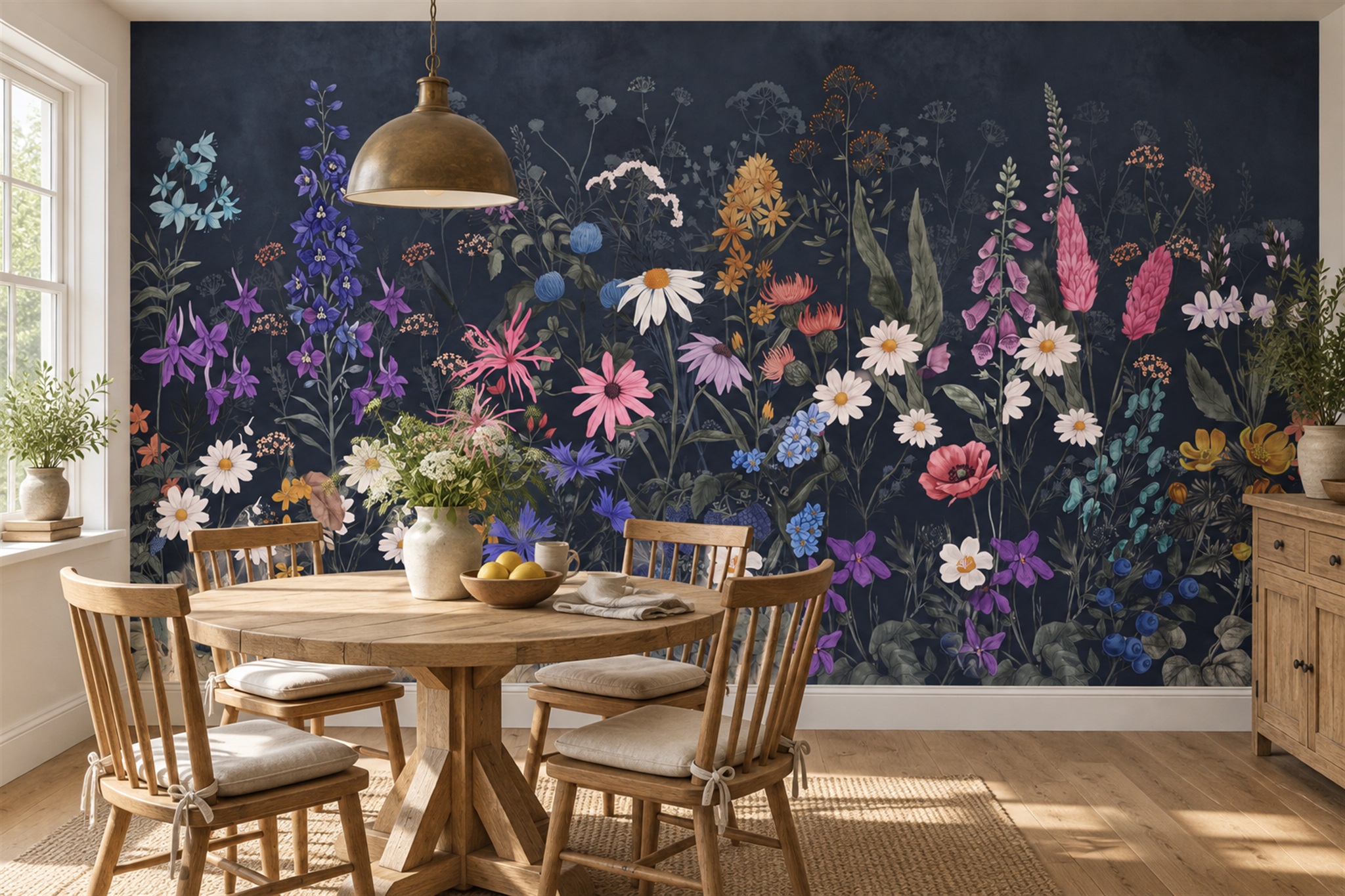 Navy Botanical Botanical Meadow Wallpaper Mural Dining-room-wallpaper-murals, Shown In A Dining Room, Peel-and-stick Finish