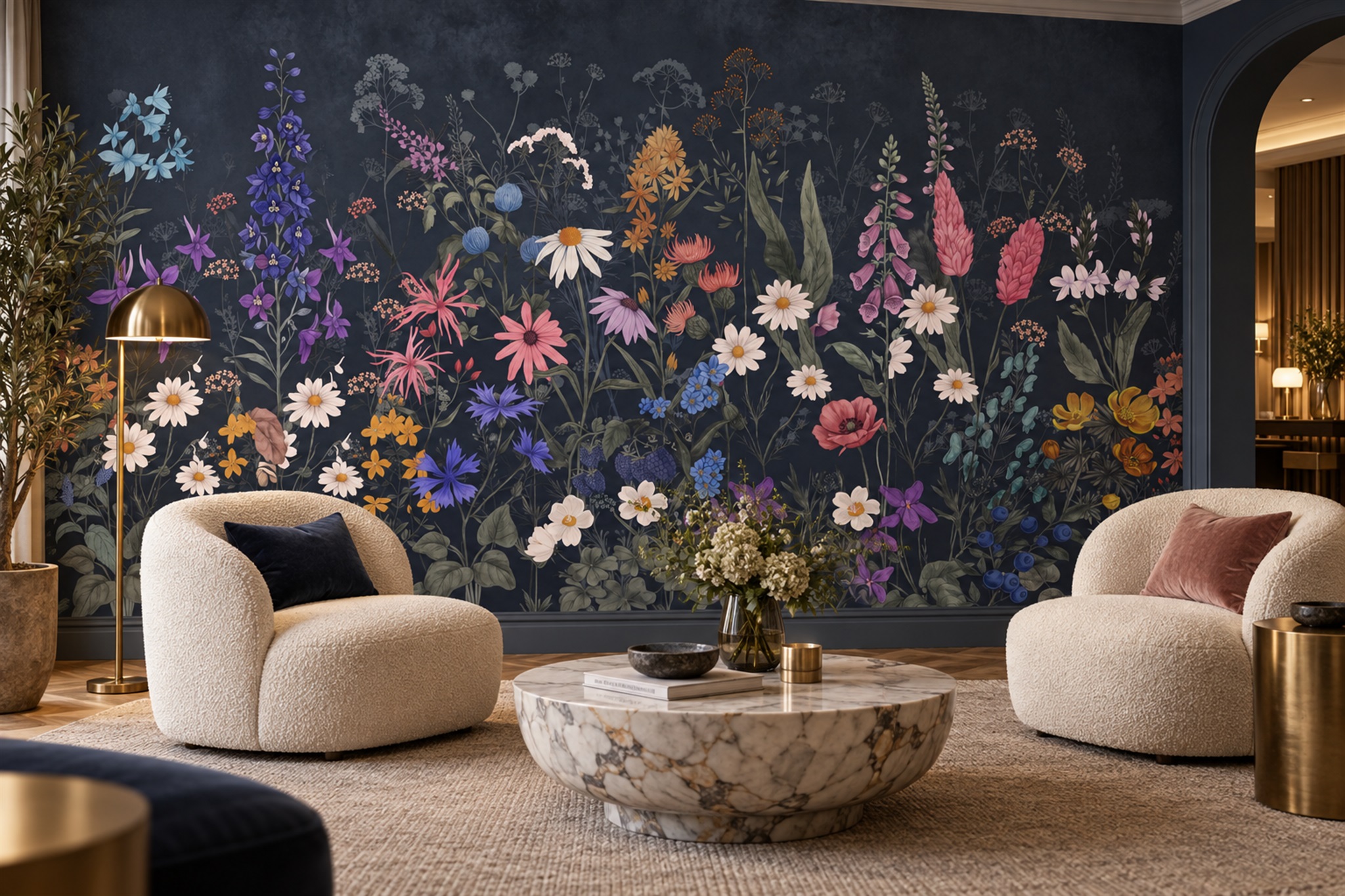 Navy Botanical Botanical Meadow Wallpaper Mural Home-office-wallpaper-murals, Shown In A Home Office, Peel-and-stick Finish