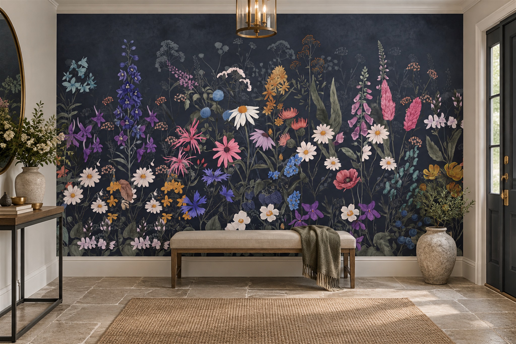 Navy Botanical Botanical Meadow Wallpaper Mural Accent-wall-wallpaper-murals, Peel-and-stick Finish