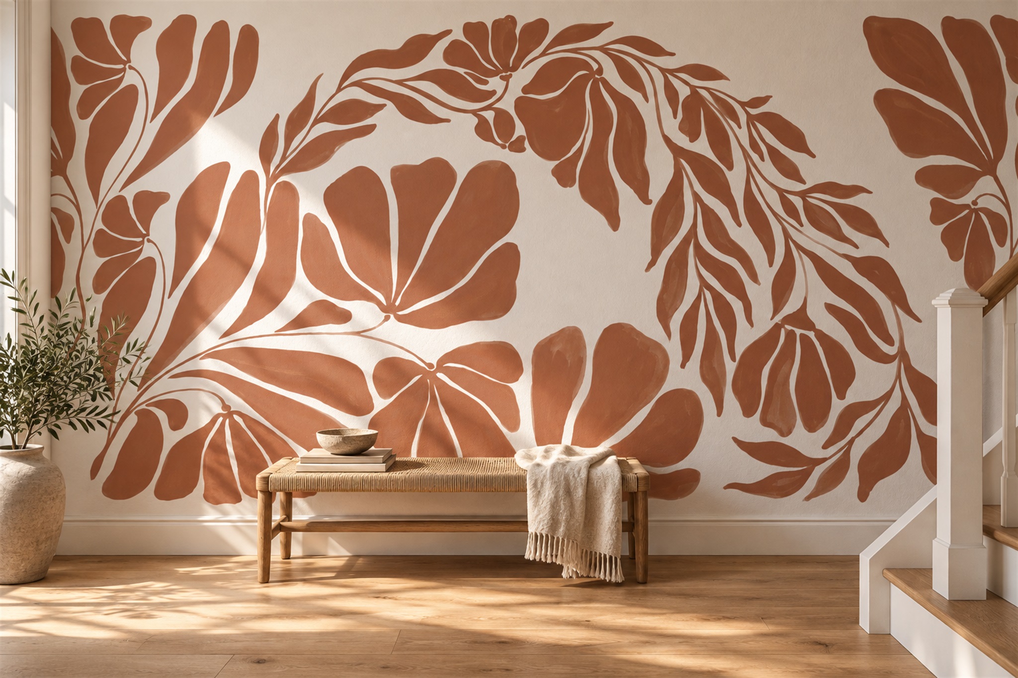 Rust Floral Botanical Decorative Wallpaper Mural Bedroom-wallpaper-murals, Peel-and-stick Finish