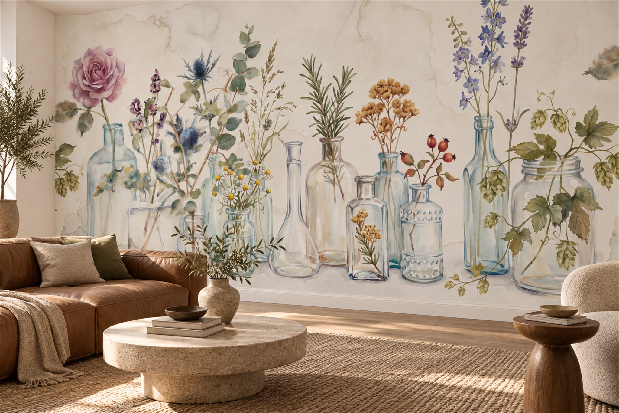 Watercolour Wildflowers In Glass Bottles Wallpaper Mural — Wallpaper Mural Design, Peel-and-stick Finish