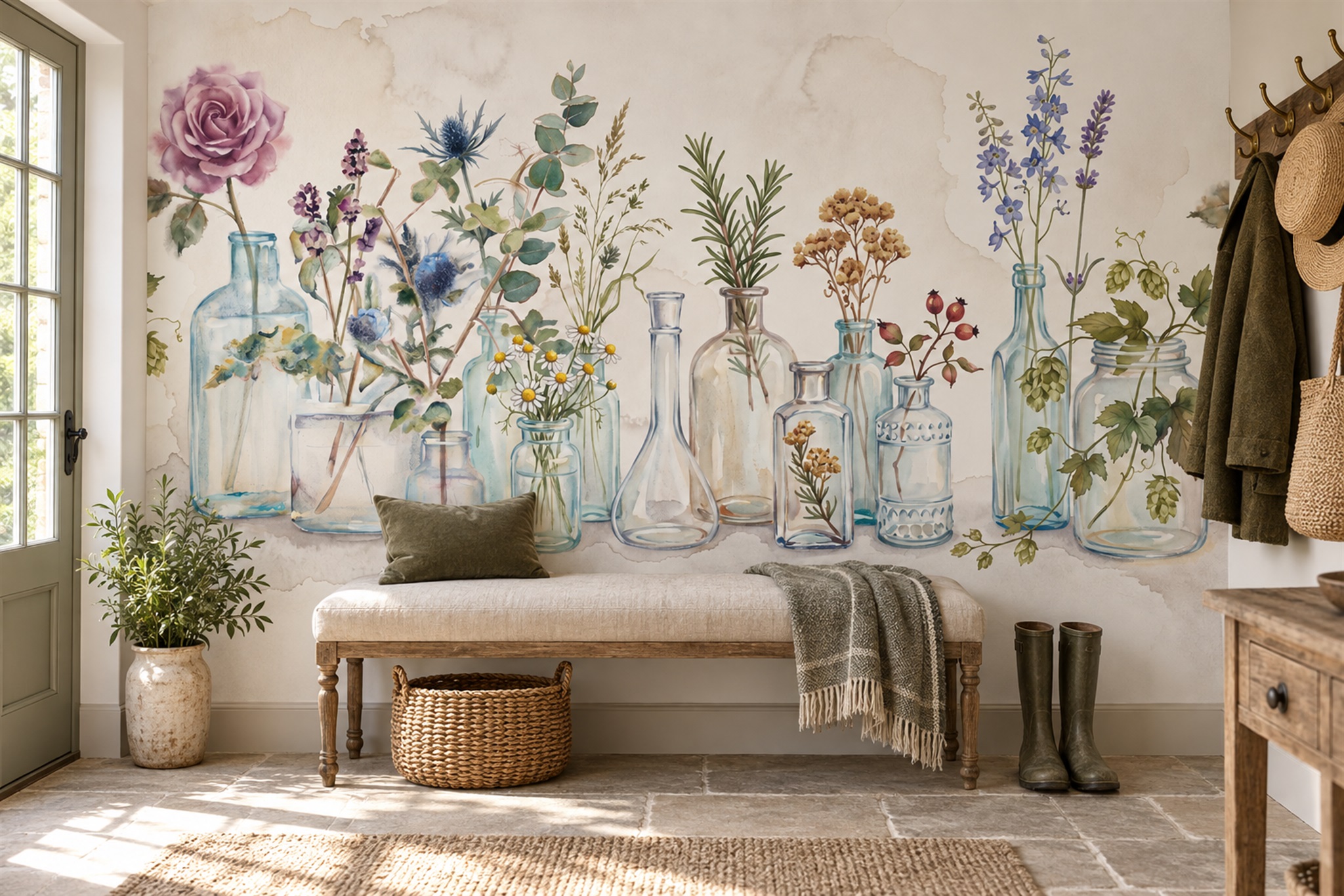 Aqua Pattern Decorative Wallpaper Mural Layered Abstract Wallpaper Mural Dining-room-wallpaper-murals, Shown In A Dining Room, Peel-and-stick Finish