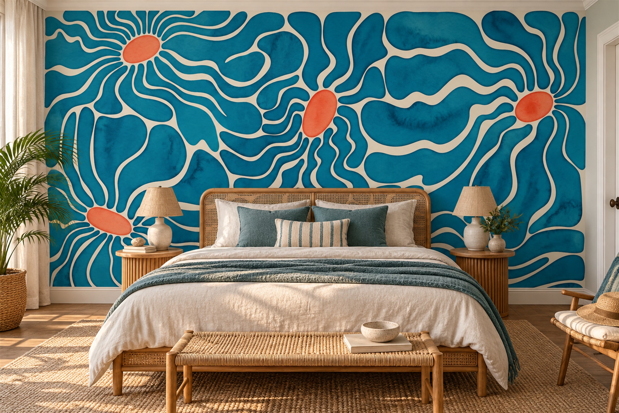 Teal Floral Botanical Atmospheric Wallpaper Mural Bedroom-wallpaper-murals, Peel-and-stick Finish