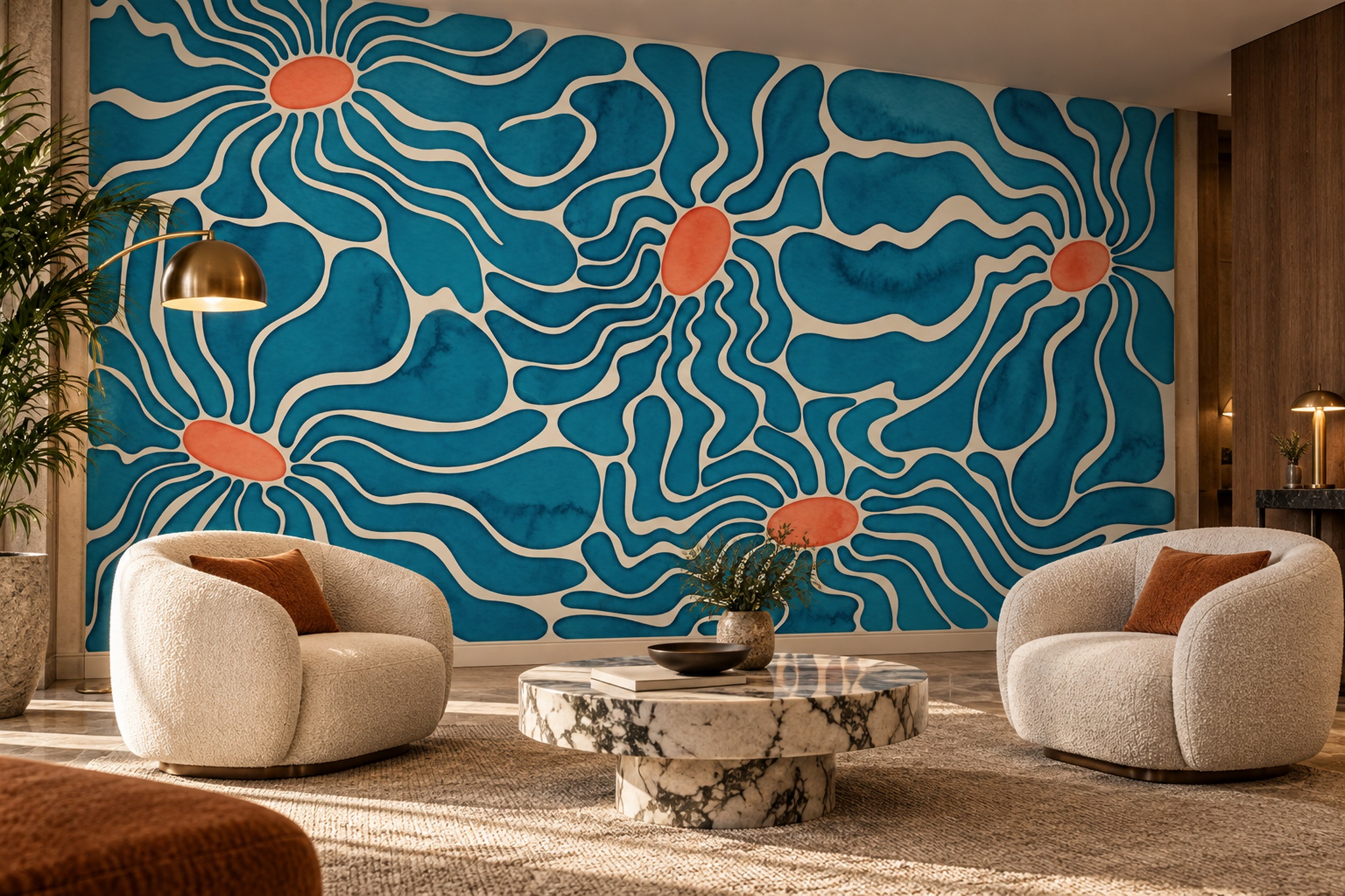 Teal Floral Botanical Atmospheric Wallpaper Mural Dining-room-wallpaper-murals, Shown In A Dining Room, Peel-and-stick Finish